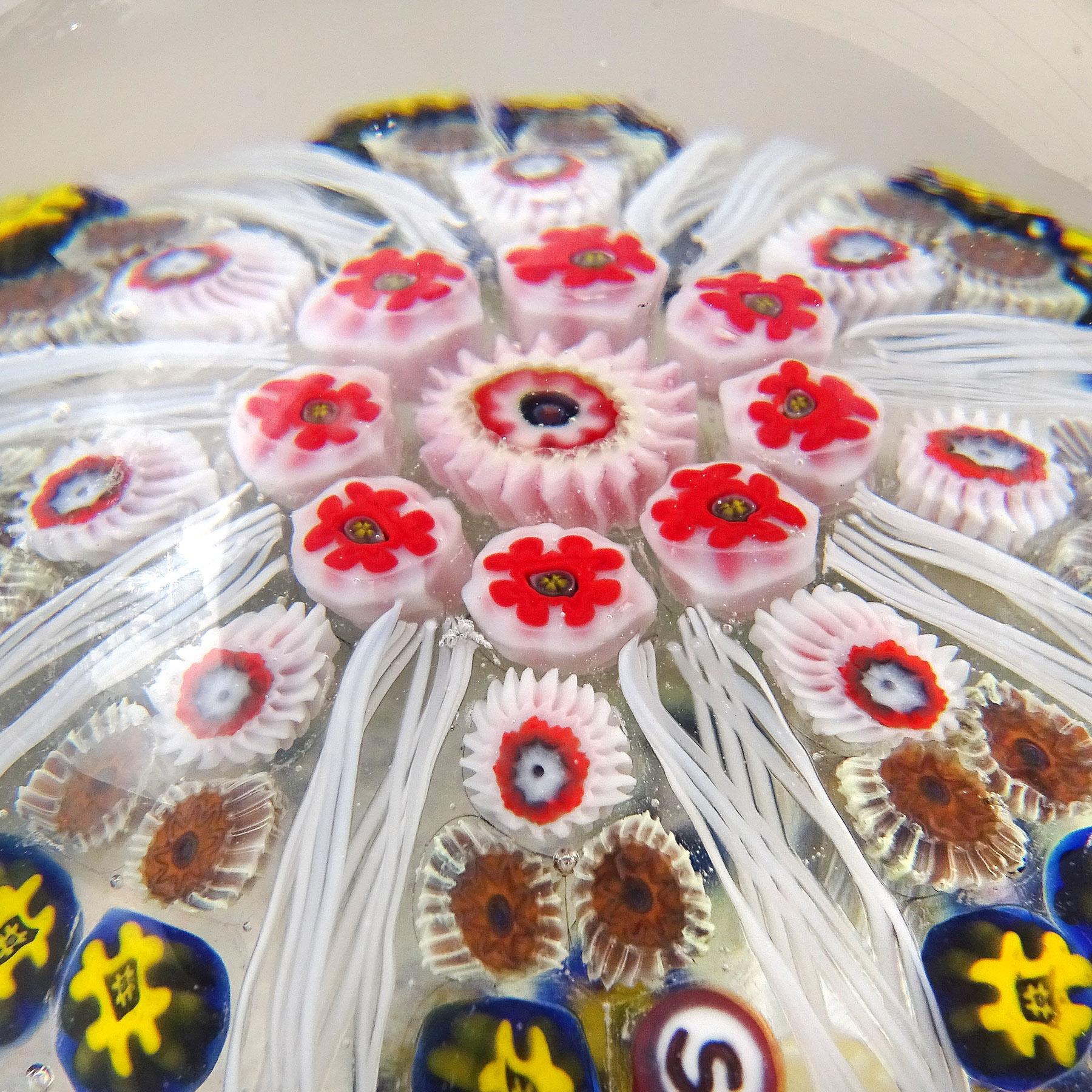 Mid-Century Modern Strathearn Scotland Millefiori Flowers Red White Ribbons Art Glass Paperweight For Sale