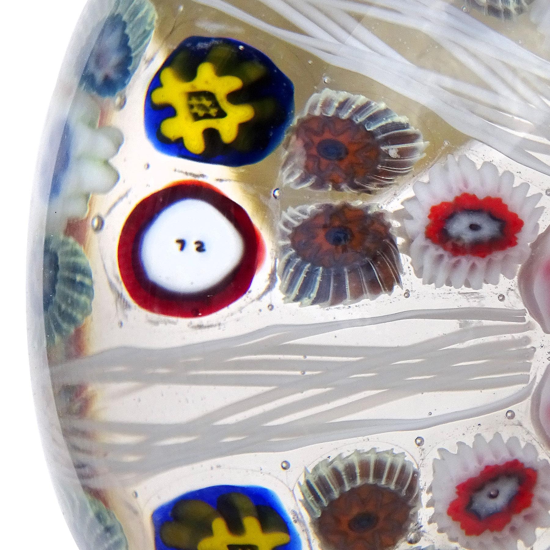 Italian Strathearn Scotland Millefiori Flowers Red White Ribbons Art Glass Paperweight For Sale