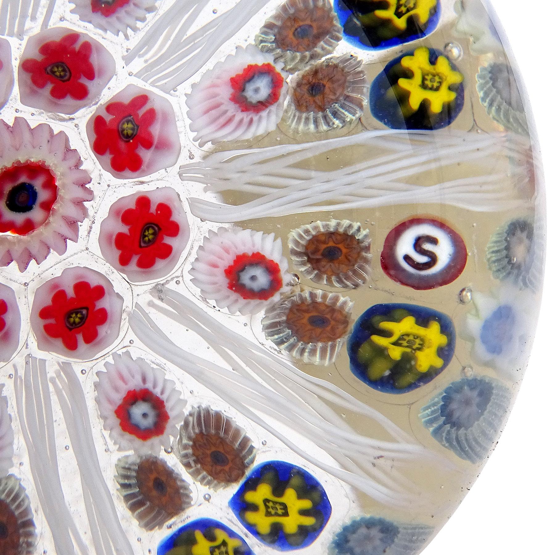 Mosaic Strathearn Scotland Millefiori Flowers Red White Ribbons Art Glass Paperweight For Sale