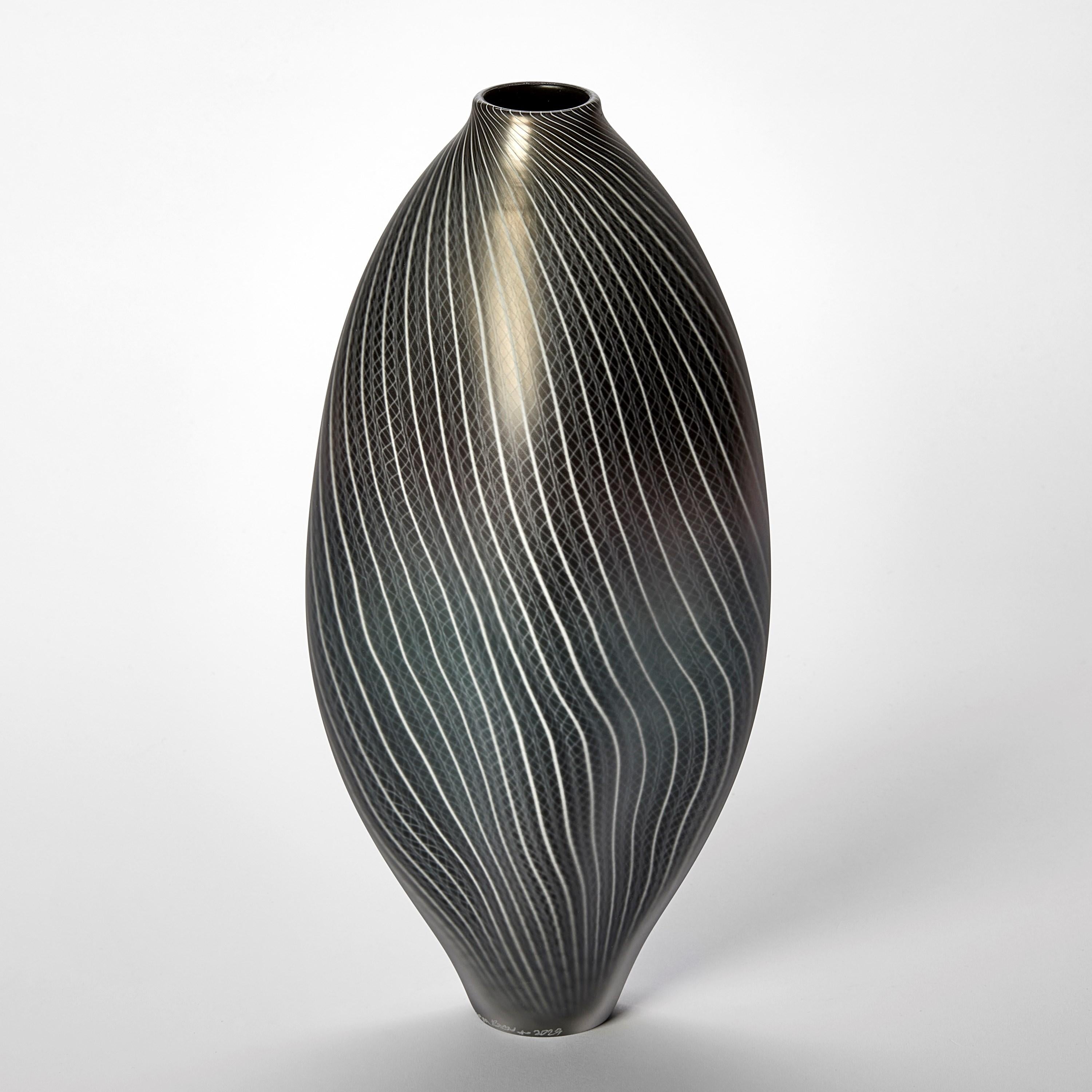 Organic Modern  Stratiform 2.1.001, white & metallic grey handblown glass vessel by Liam Reeves For Sale