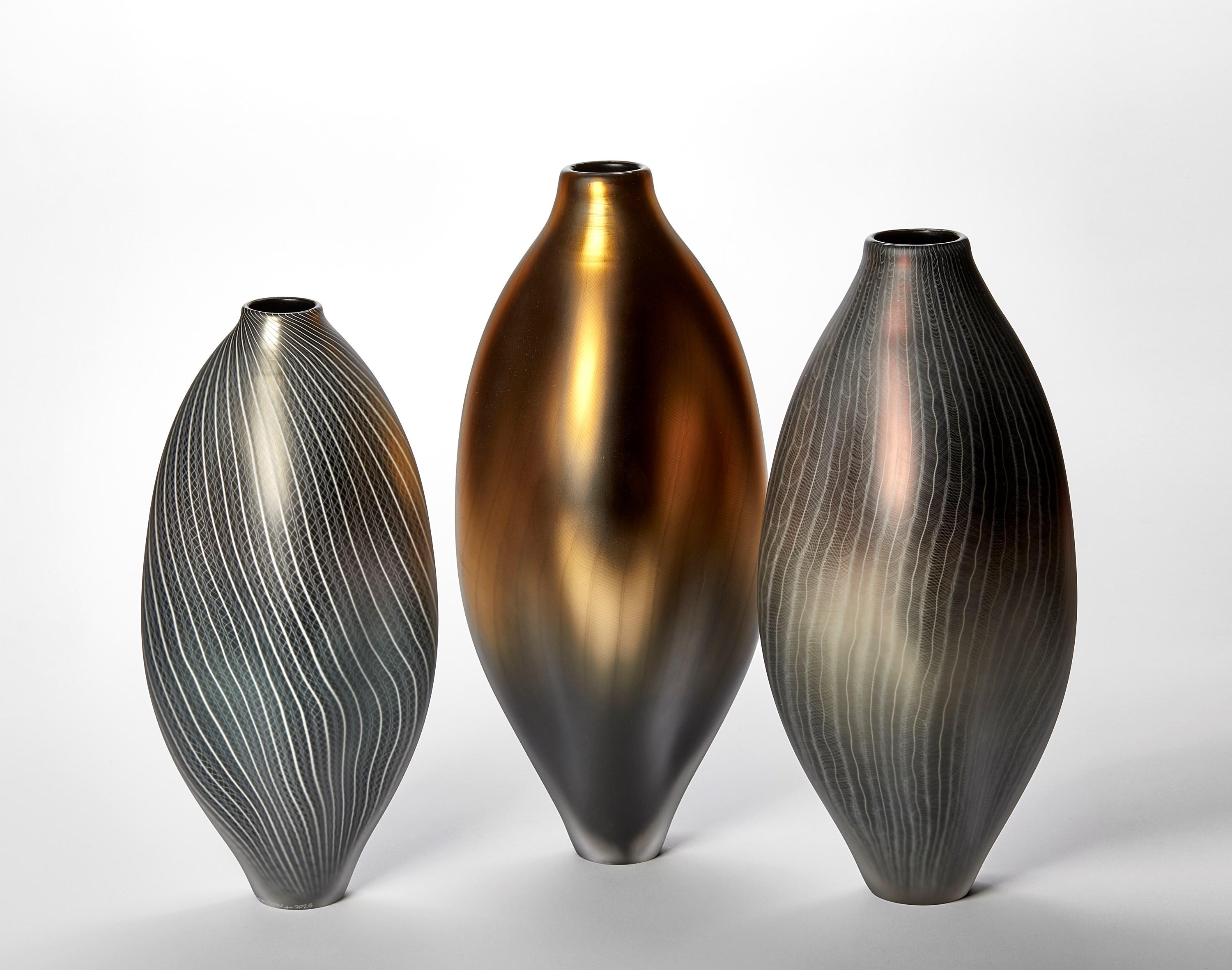 Contemporary  Stratiform 2.1.001, white & metallic grey handblown glass vessel by Liam Reeves For Sale