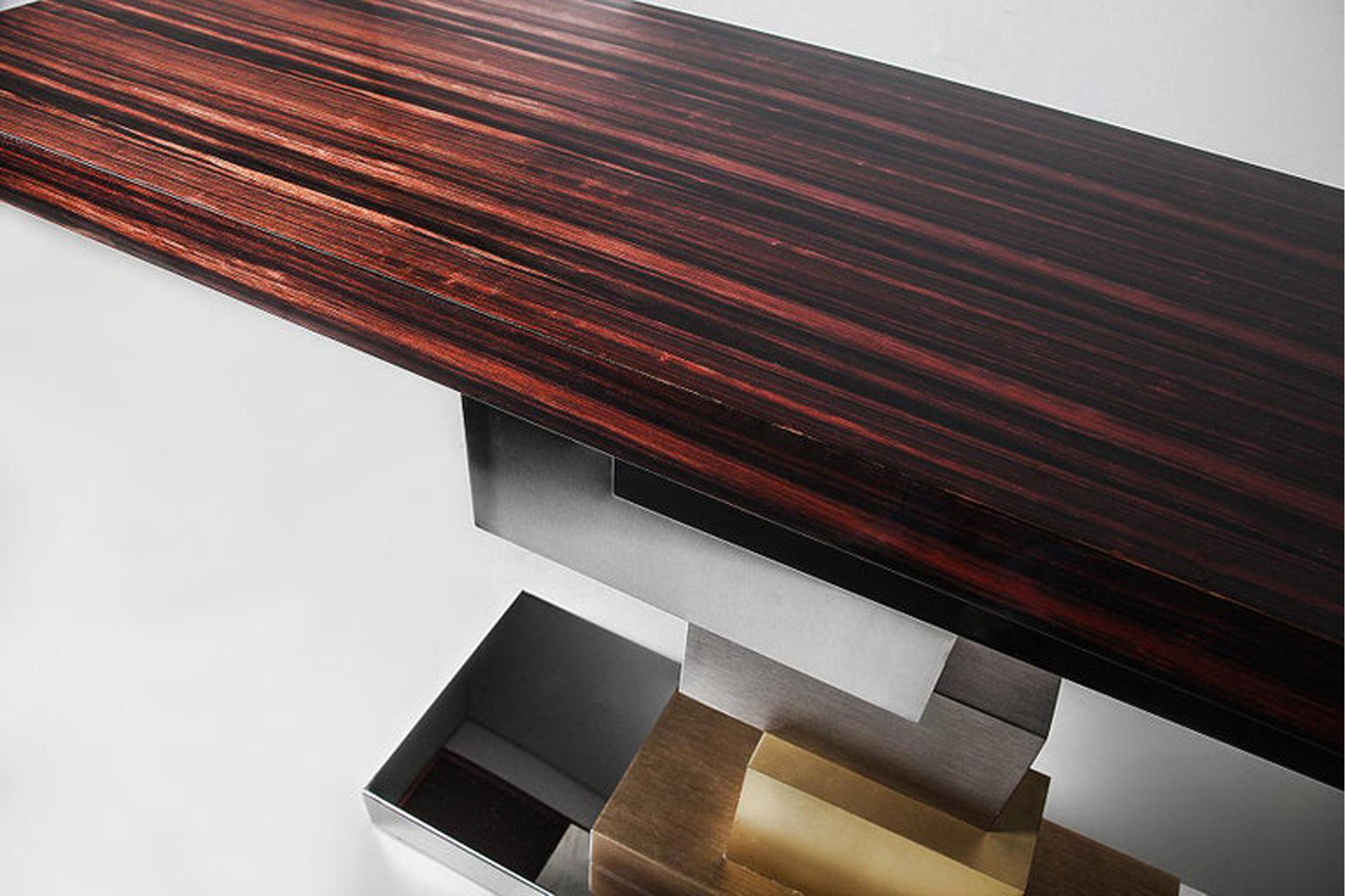 Brushed Stratos, Console with Natural Macassar Top, a Design by GAS For Sale