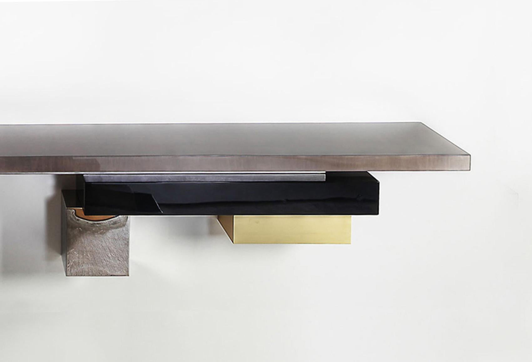 Modern Stratos L, Console, Wall Mounted with Tinted Gray Sycamore Top For Sale