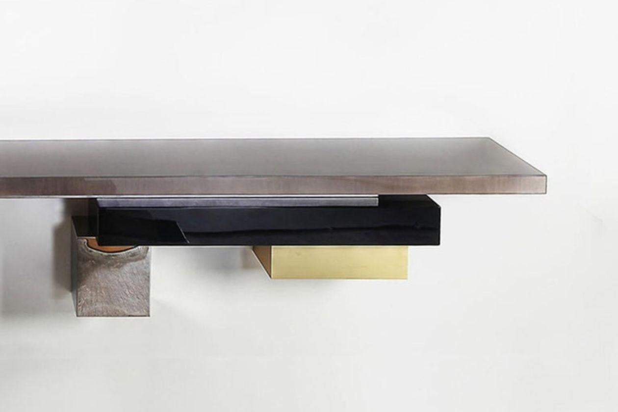 Modern Stratos L, Console - Wall mounted with tinted gray Sycamore Top For Sale