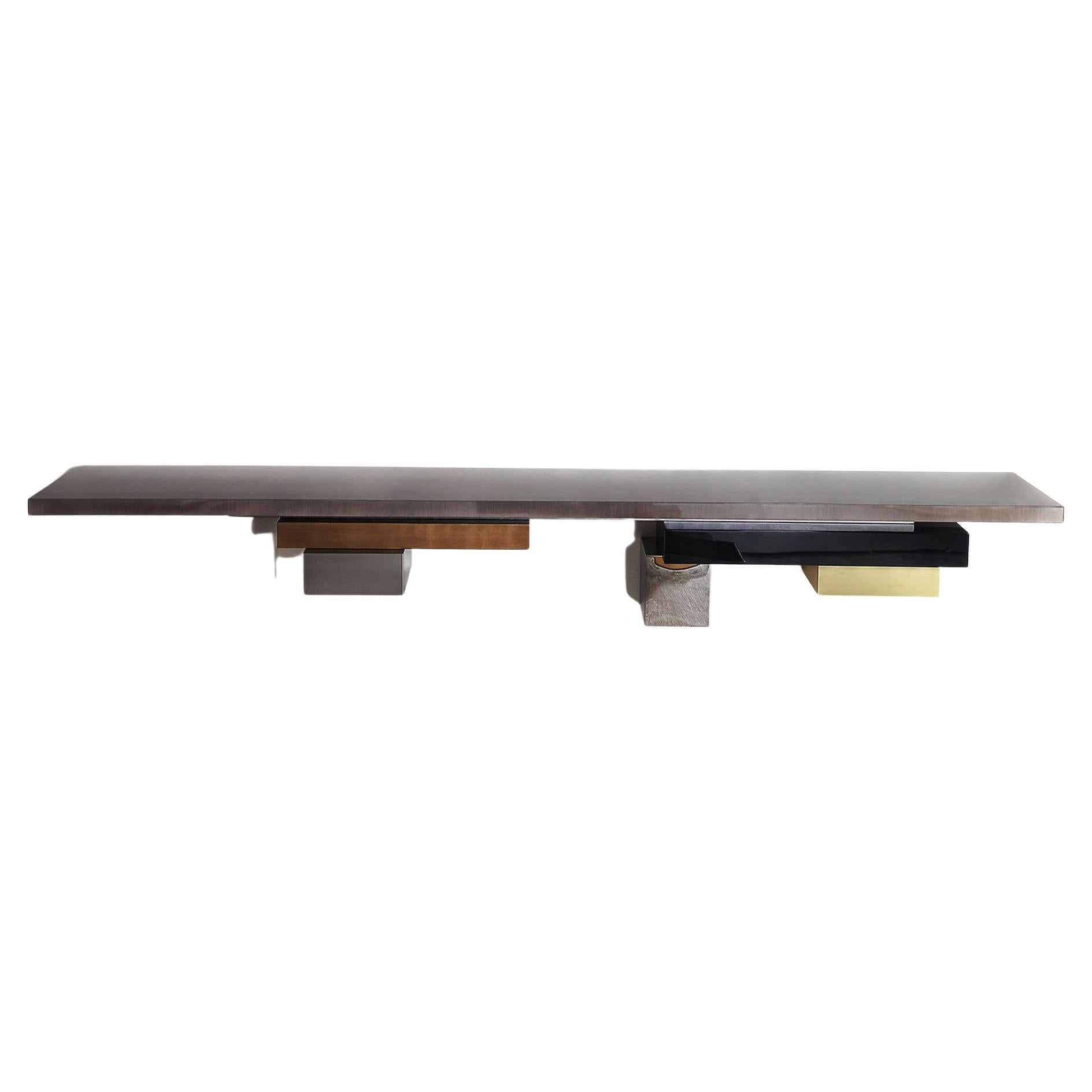 Stratos L, Console, Wall Mounted with Tinted Gray Sycamore Top For Sale