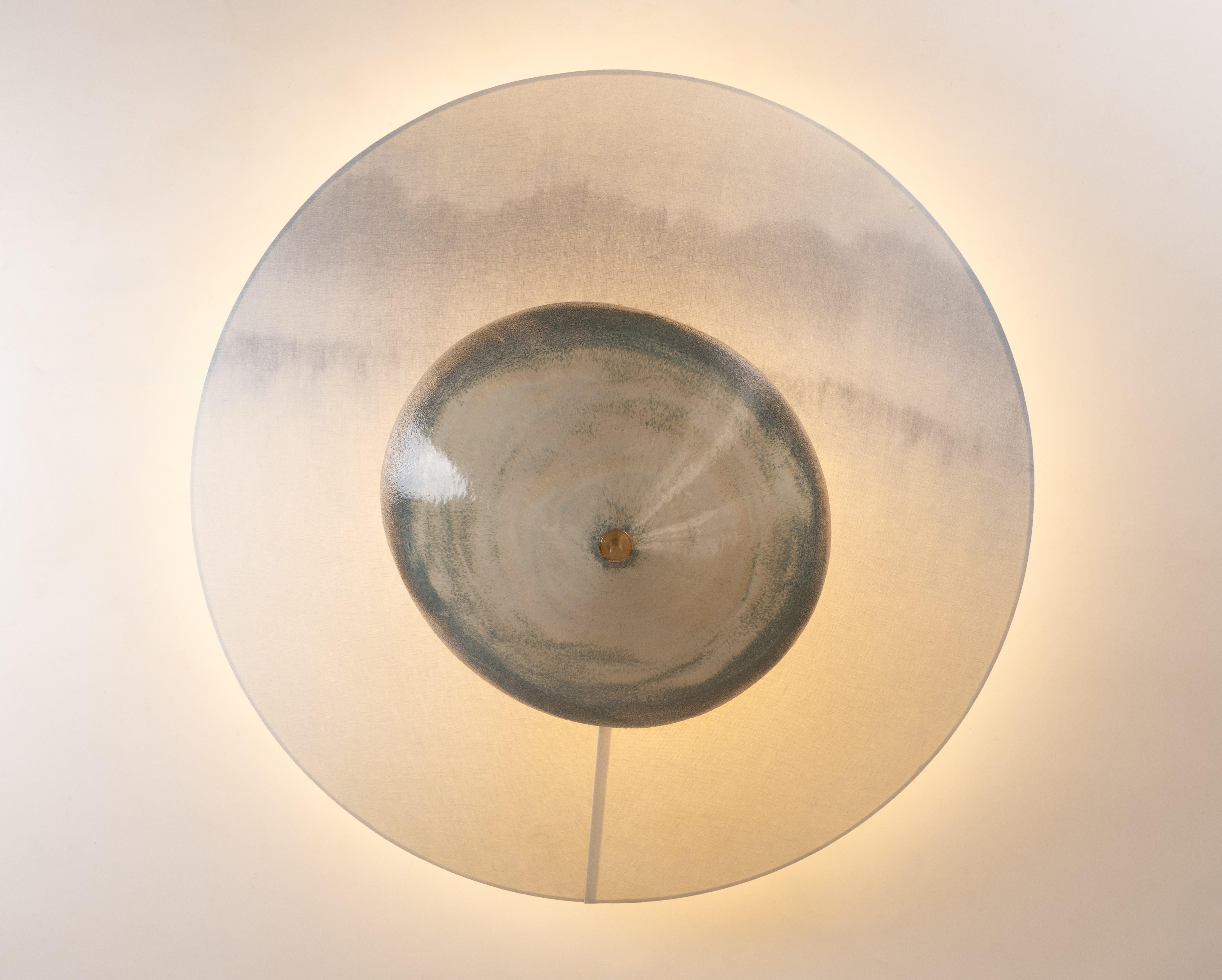 French Brass Accents Gradient Blue Two-Tier Felt Contemporary Suspension by Elsa Foulon For Sale