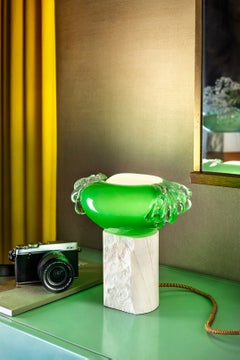 Vibrant Green Glass Decorative Lamp in Organic White Marble Base by Aina Kari