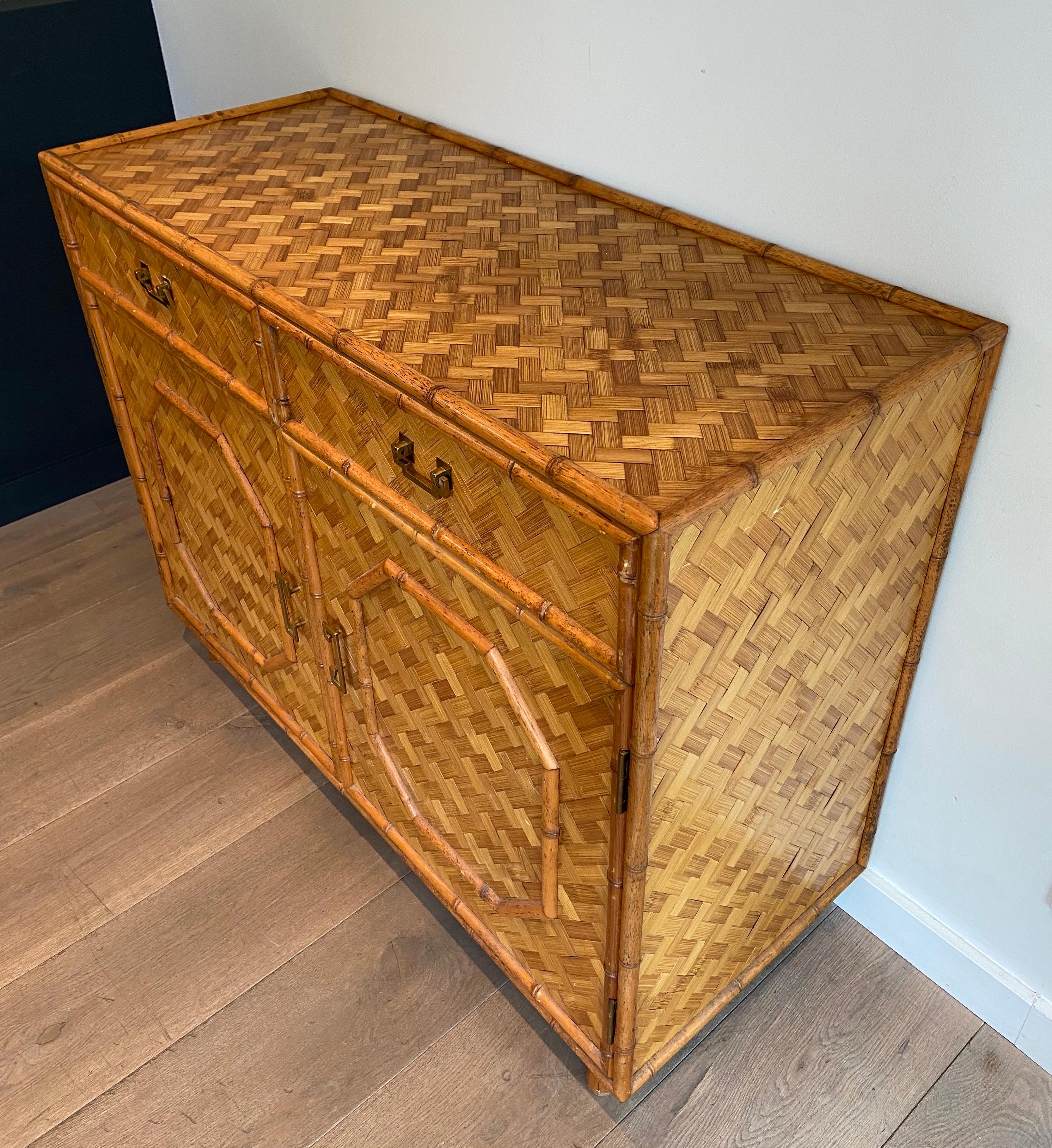 Straw and Bamboo Marquetry Chest of Drawers with Chinese Brass Handles, Italian 5