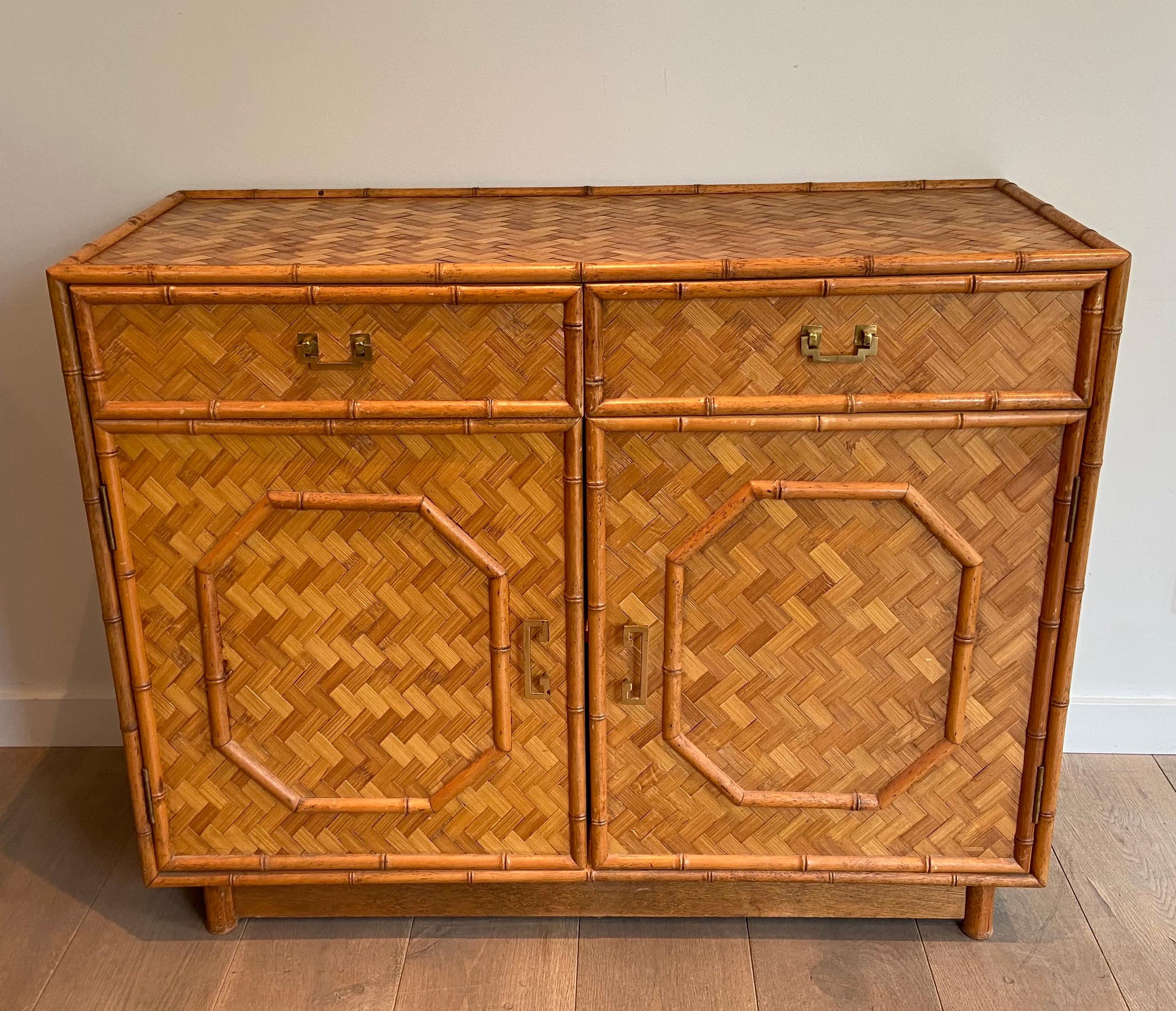 Straw and Bamboo Marquetry Chest of Drawers with Chinese Brass Handles, Italian 6