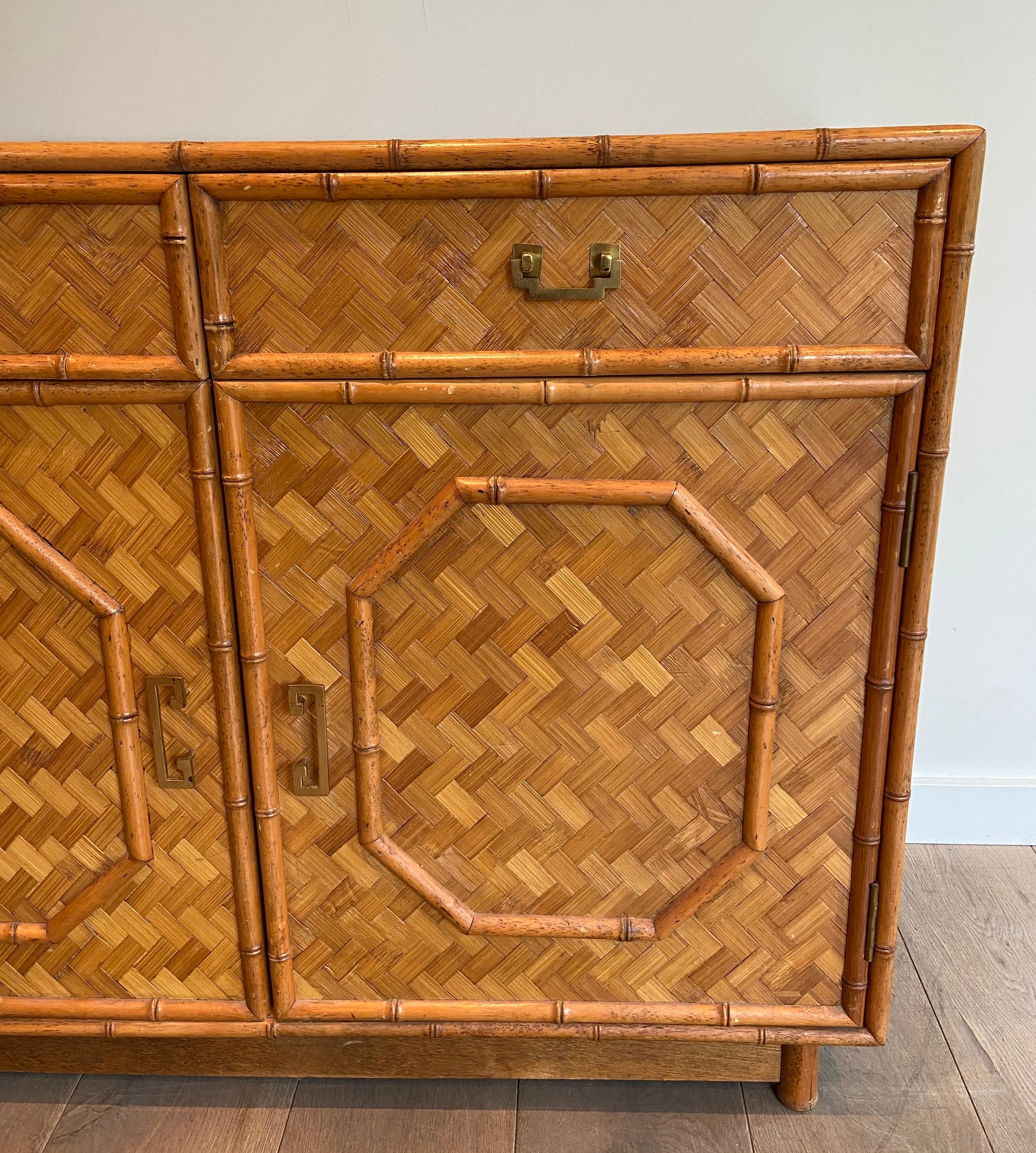 Mid-20th Century Straw and Bamboo Marquetry Chest of Drawers with Chinese Brass Handles, Italian