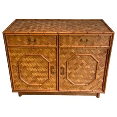 Straw and Bamboo Marquetry Chest of Drawers with Chinese Brass Handles, Italian