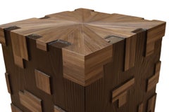 straw and burnt wood marquetry sofa table, by les2ebenistes