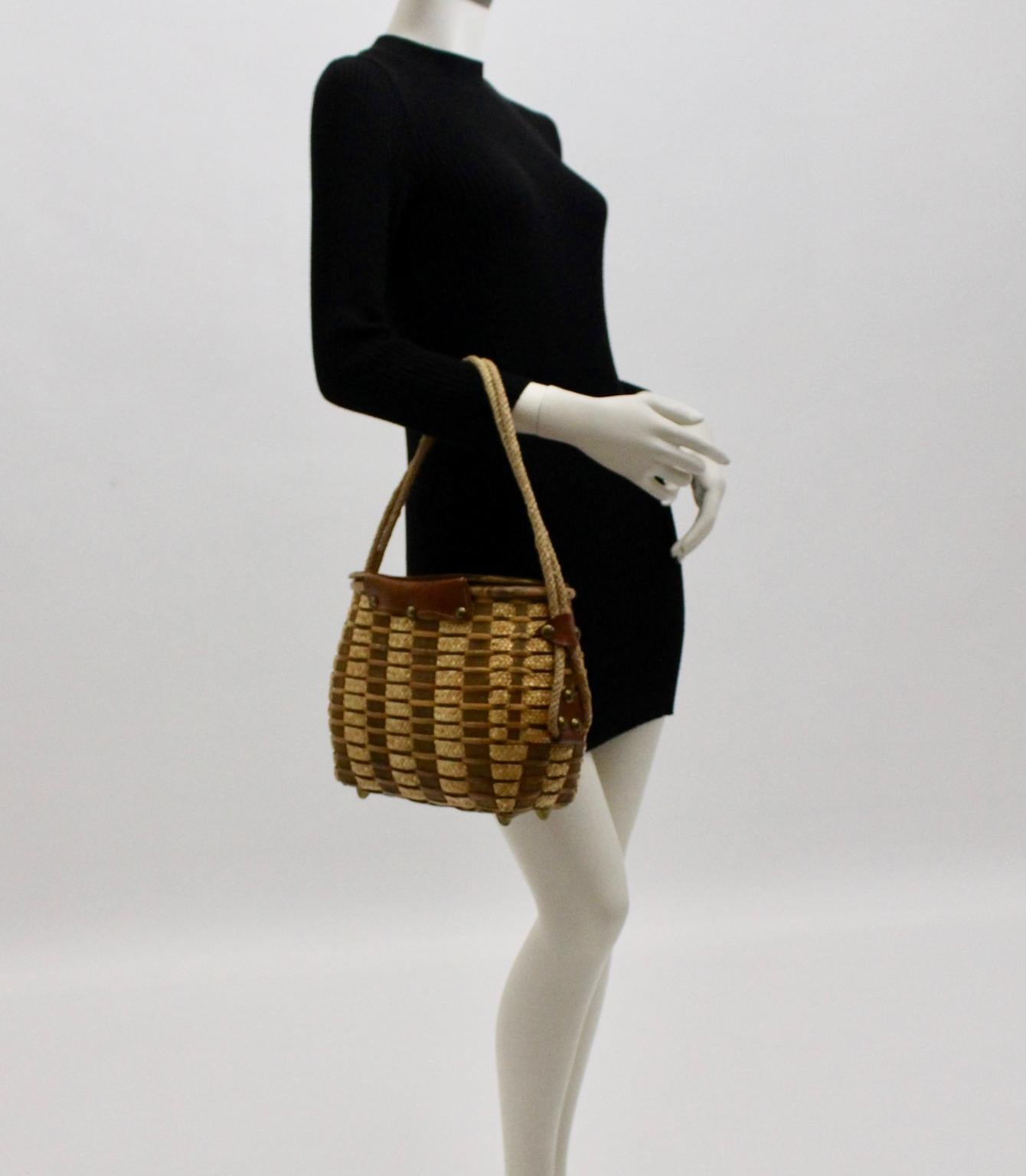 Women's Straw and Leather Vintage Brown Basket Bag or Handle Bag 1950s For Sale