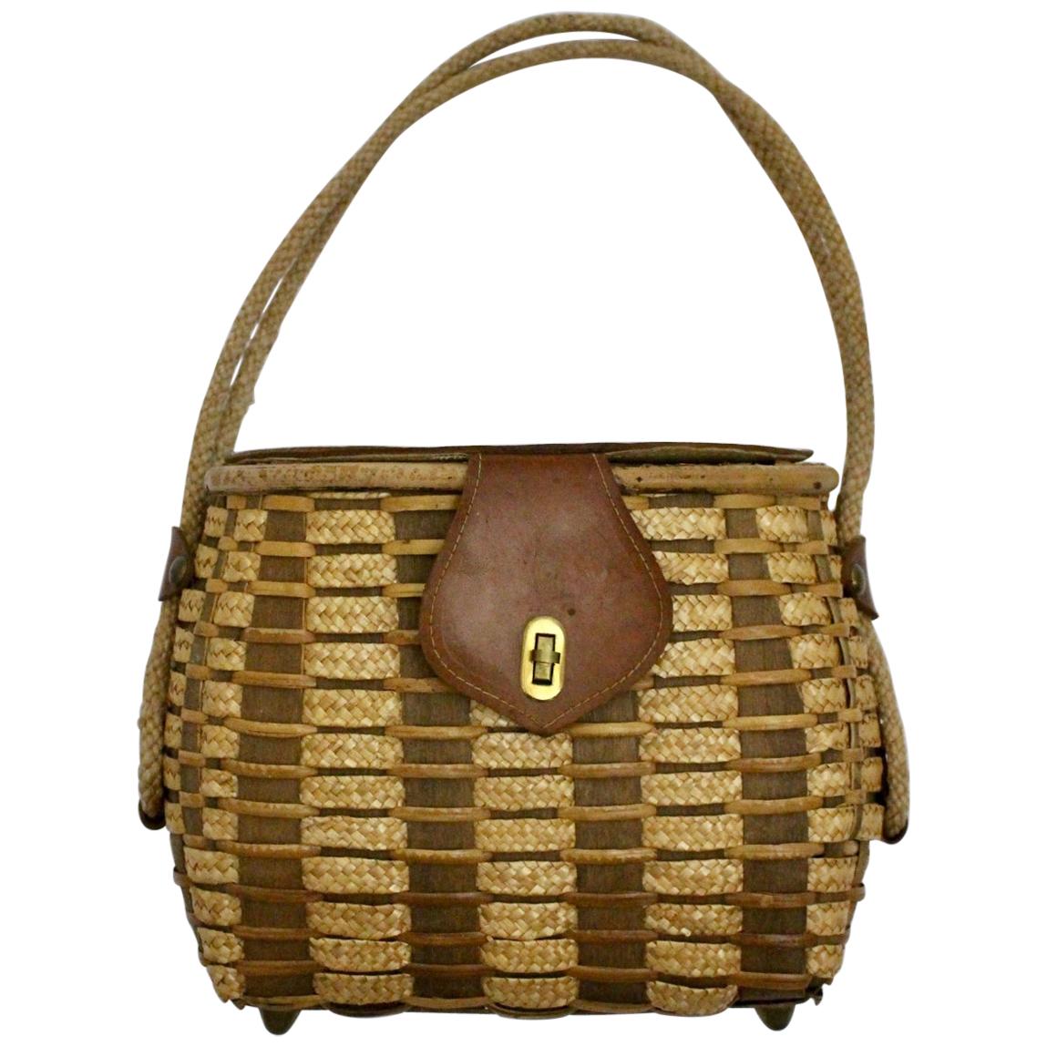 Straw and Leather Vintage Brown Basket Bag or Handle Bag 1950s  For Sale
