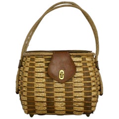 Straw and Leather Retro Brown Basket Bag or Handle Bag 1950s 