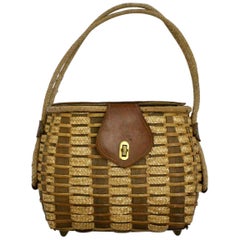 Straw and Leather Vintage Brown Basket Bag or Handle Bag 1950s