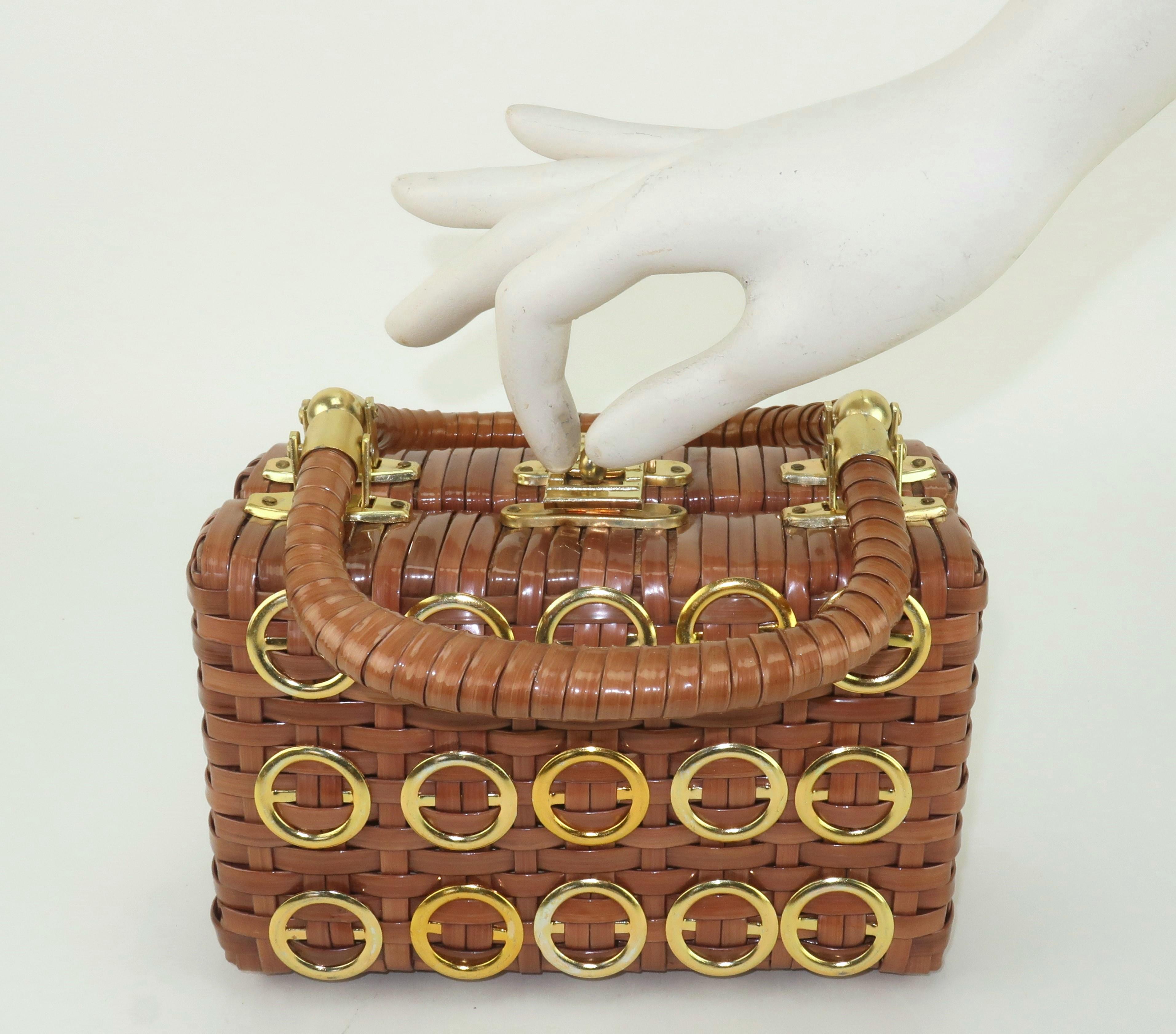 Straw Box Handbag With Gold Rings, 1960's 6