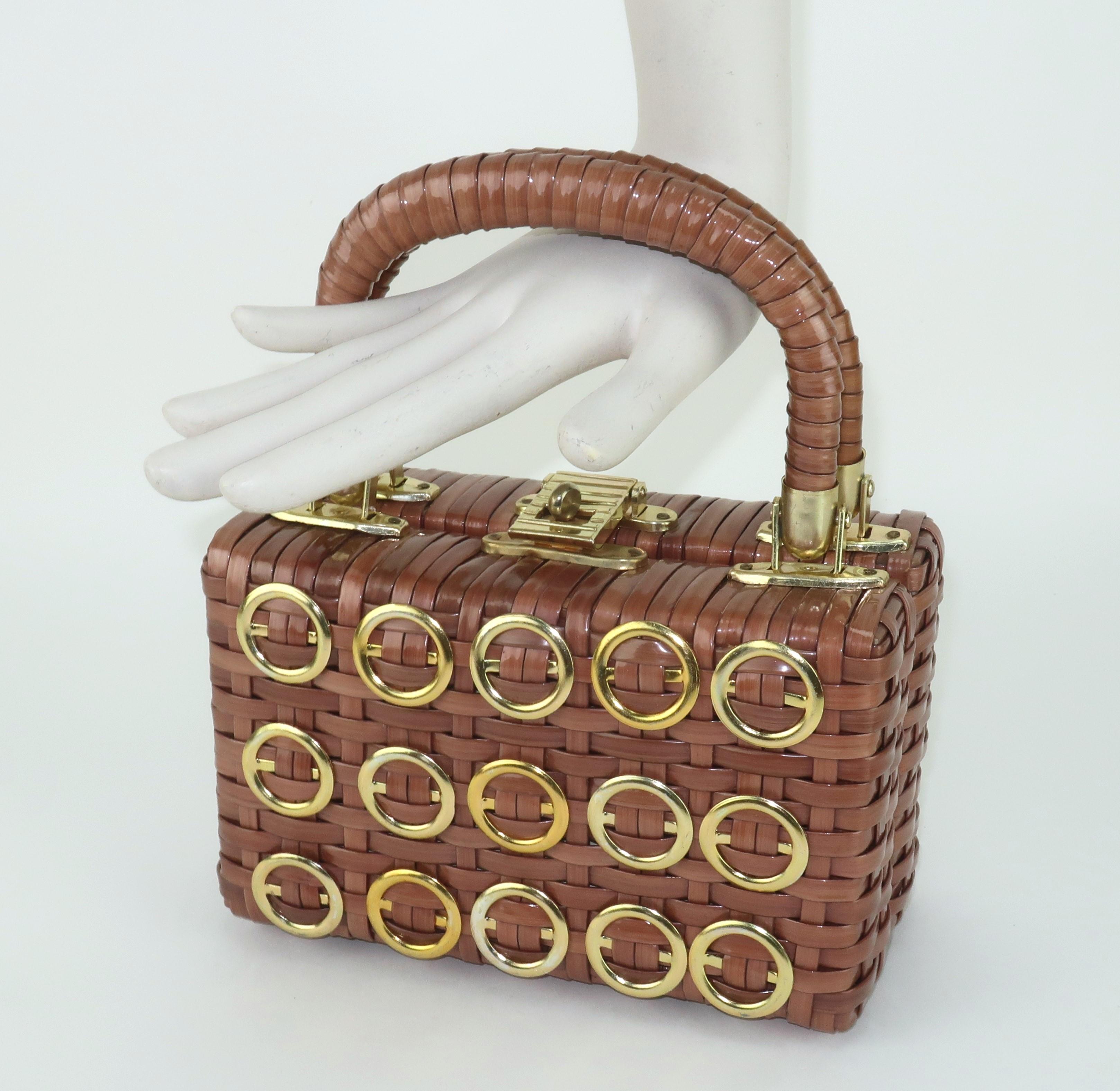 Straw Box Handbag With Gold Rings, 1960's 7