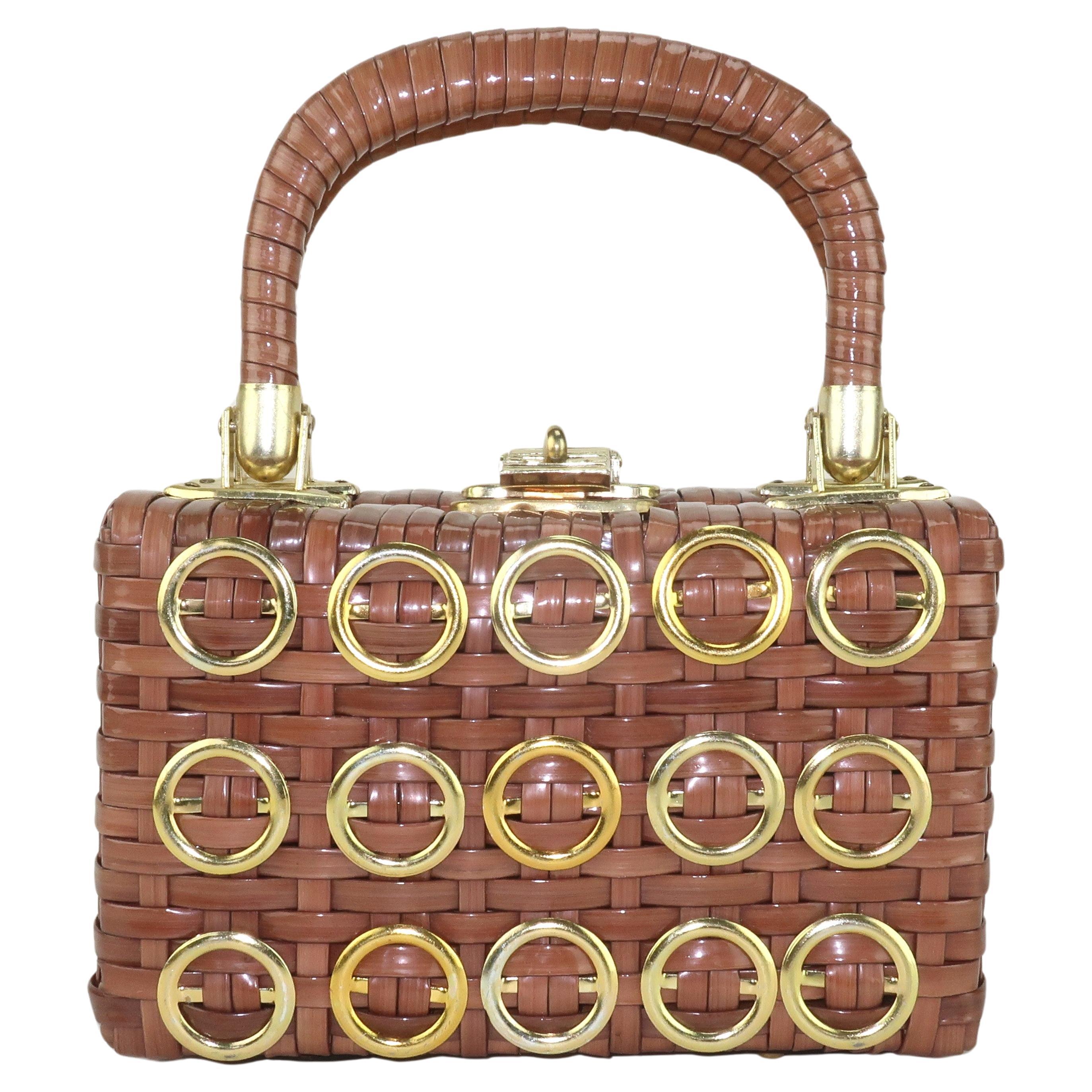 Straw Box Handbag With Gold Rings, 1960's