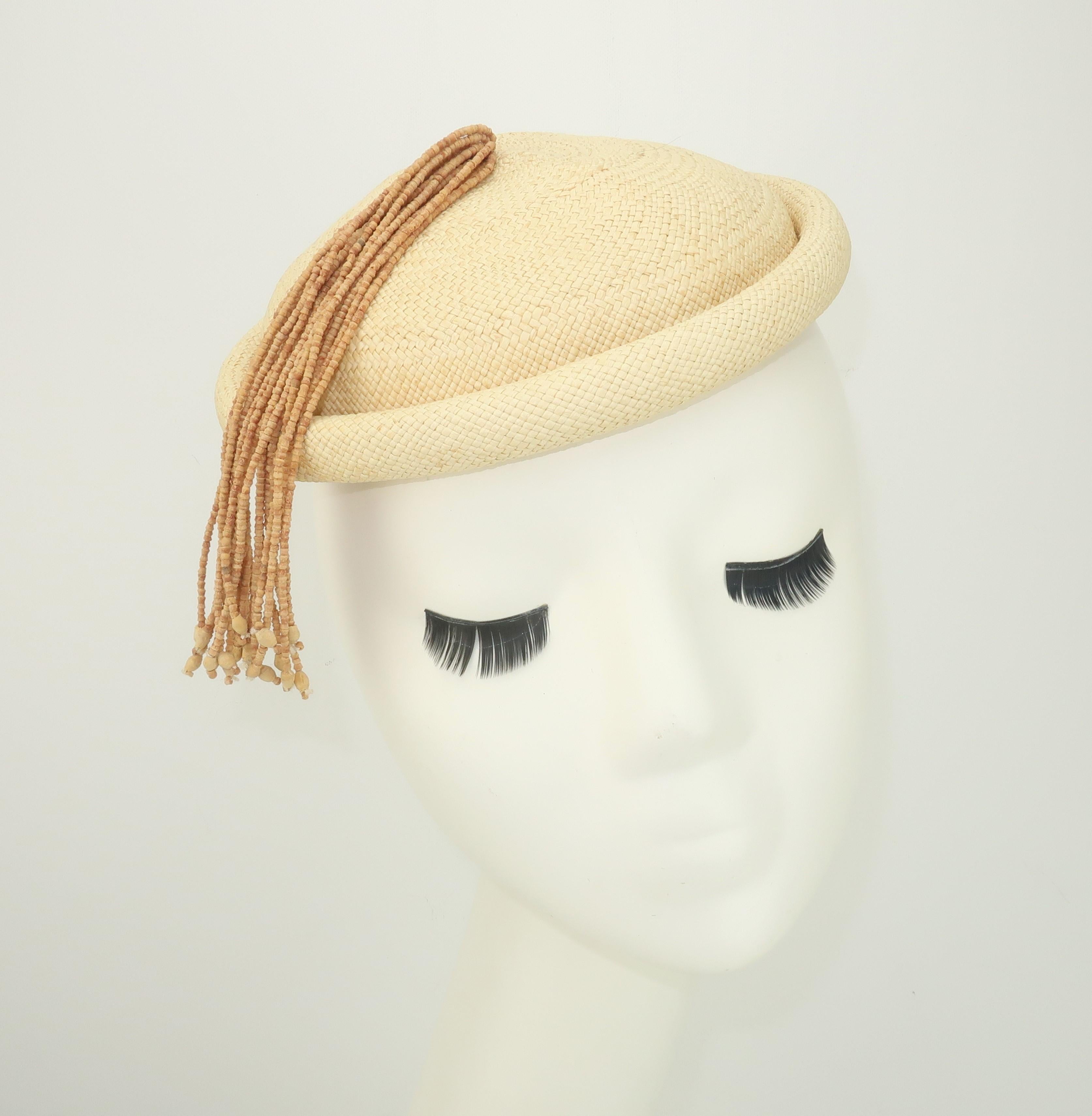 Straw Fascinator Style Hat With Beaded Tassel, C.1980 In Good Condition In Atlanta, GA