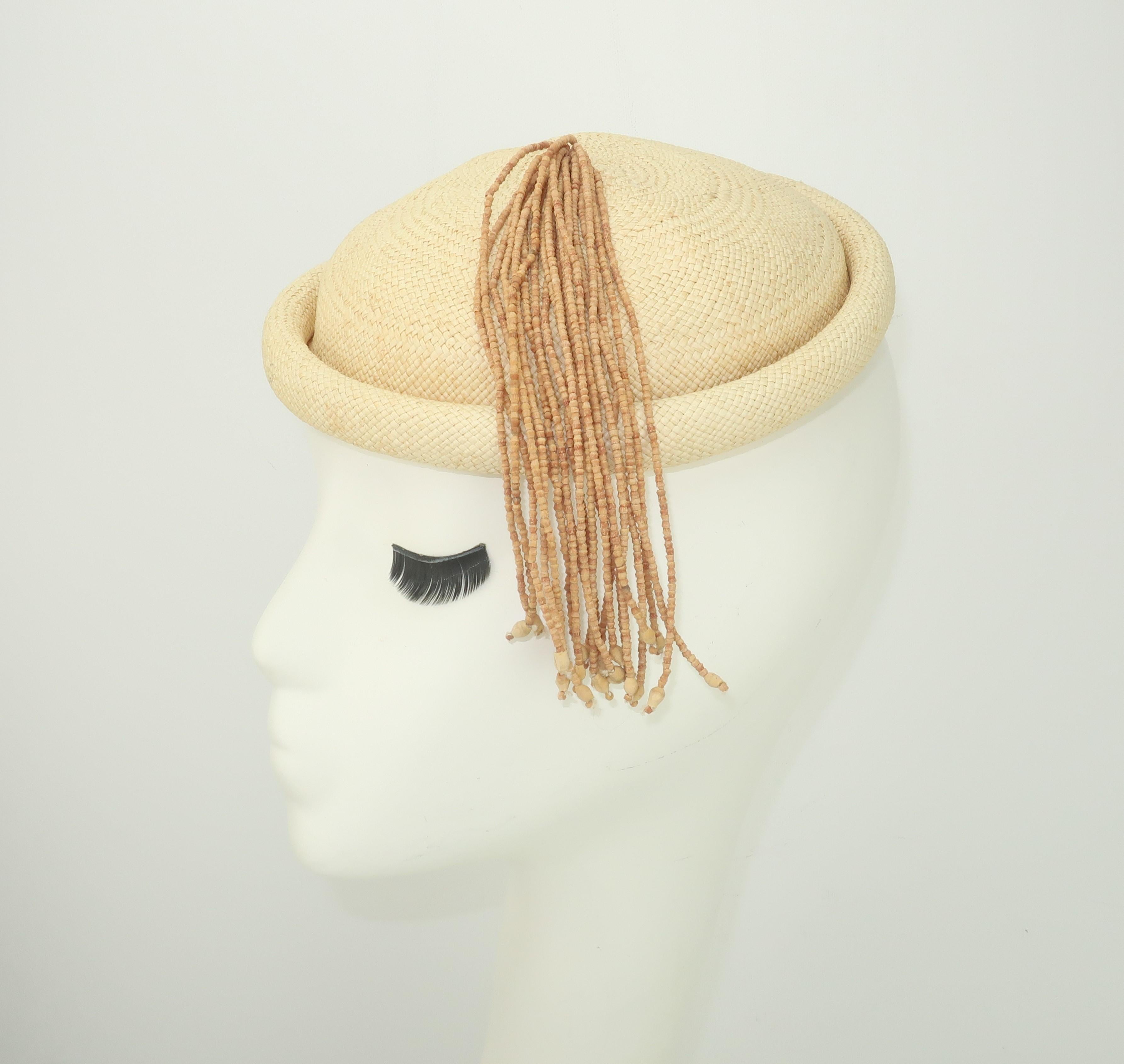 Women's Straw Fascinator Style Hat With Beaded Tassel, C.1980