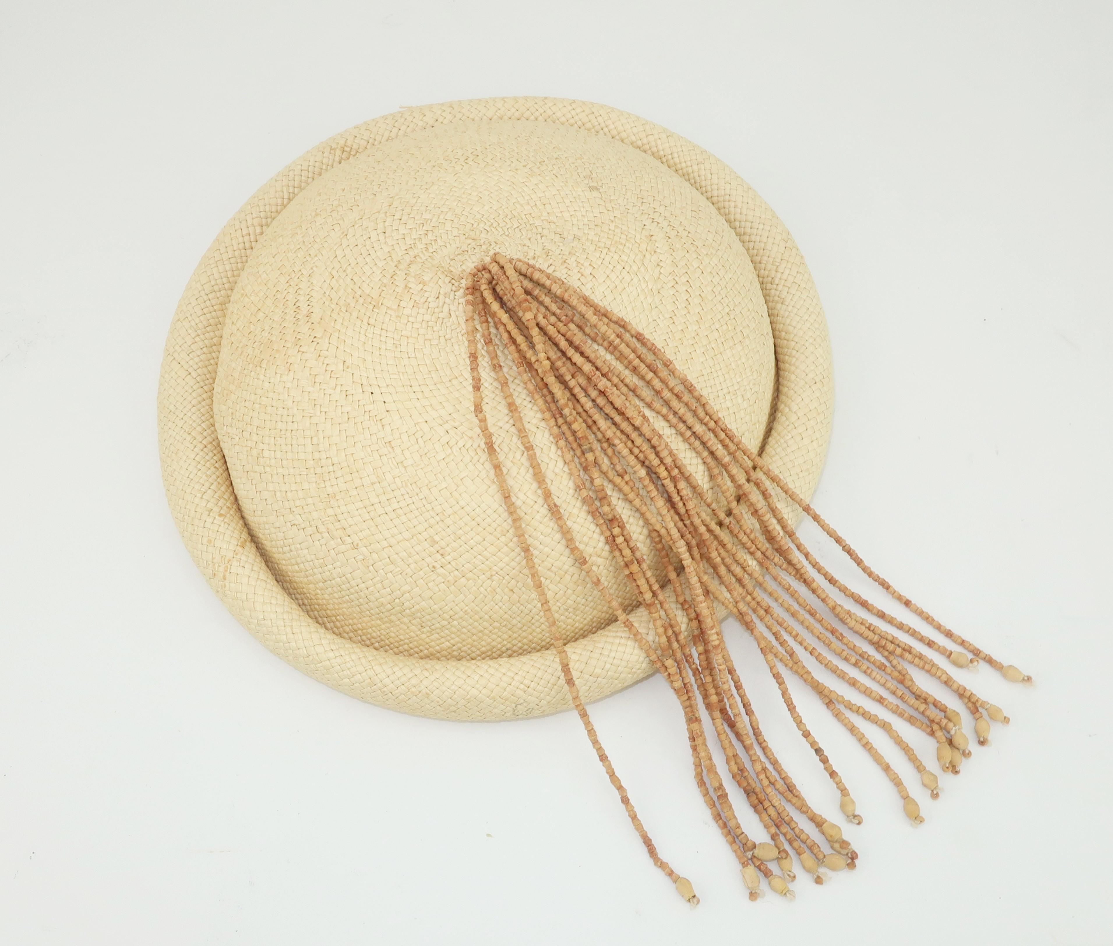 Straw Fascinator Style Hat With Beaded Tassel, C.1980 1