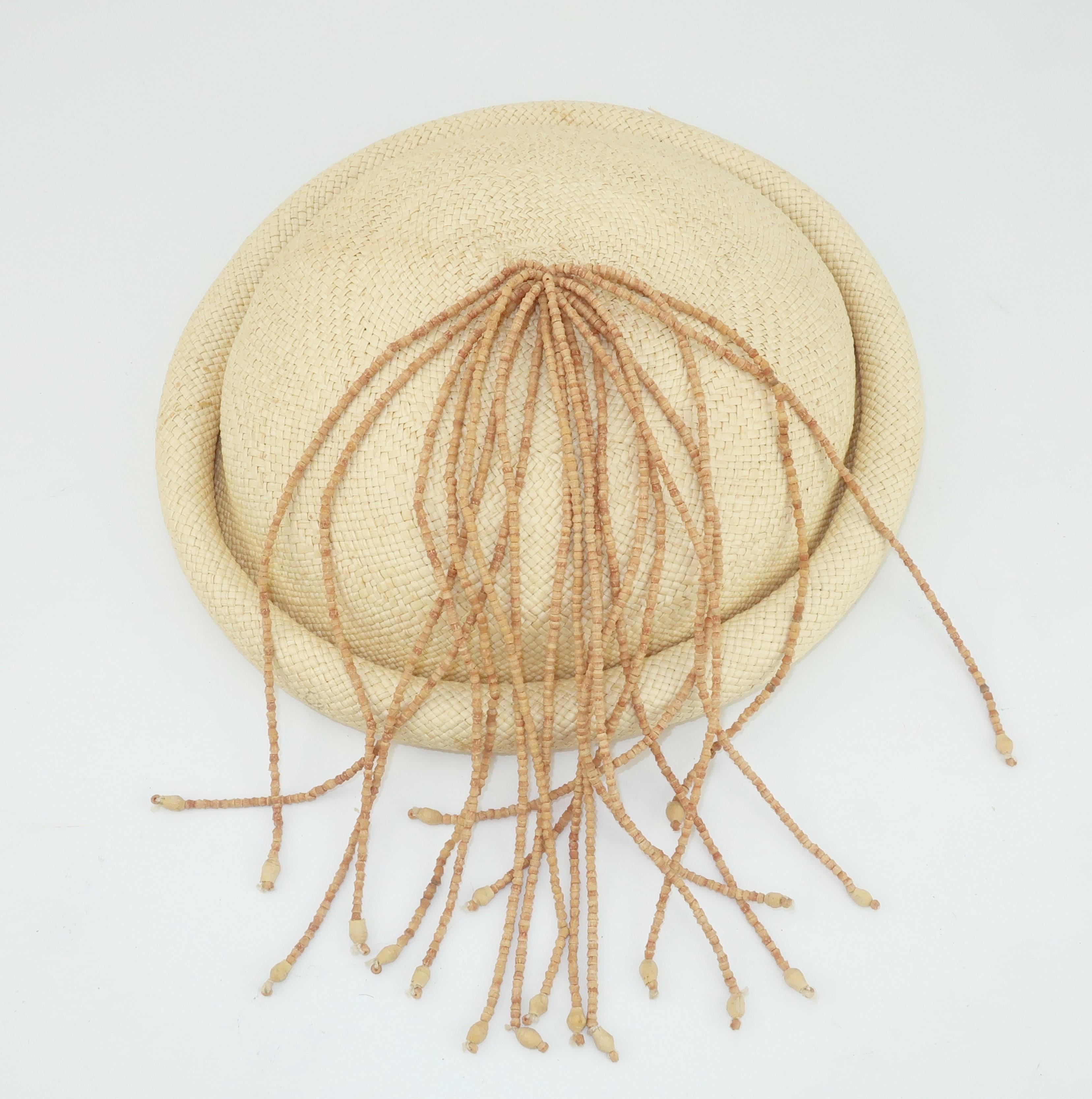 Straw Fascinator Style Hat With Beaded Tassel, C.1980 2