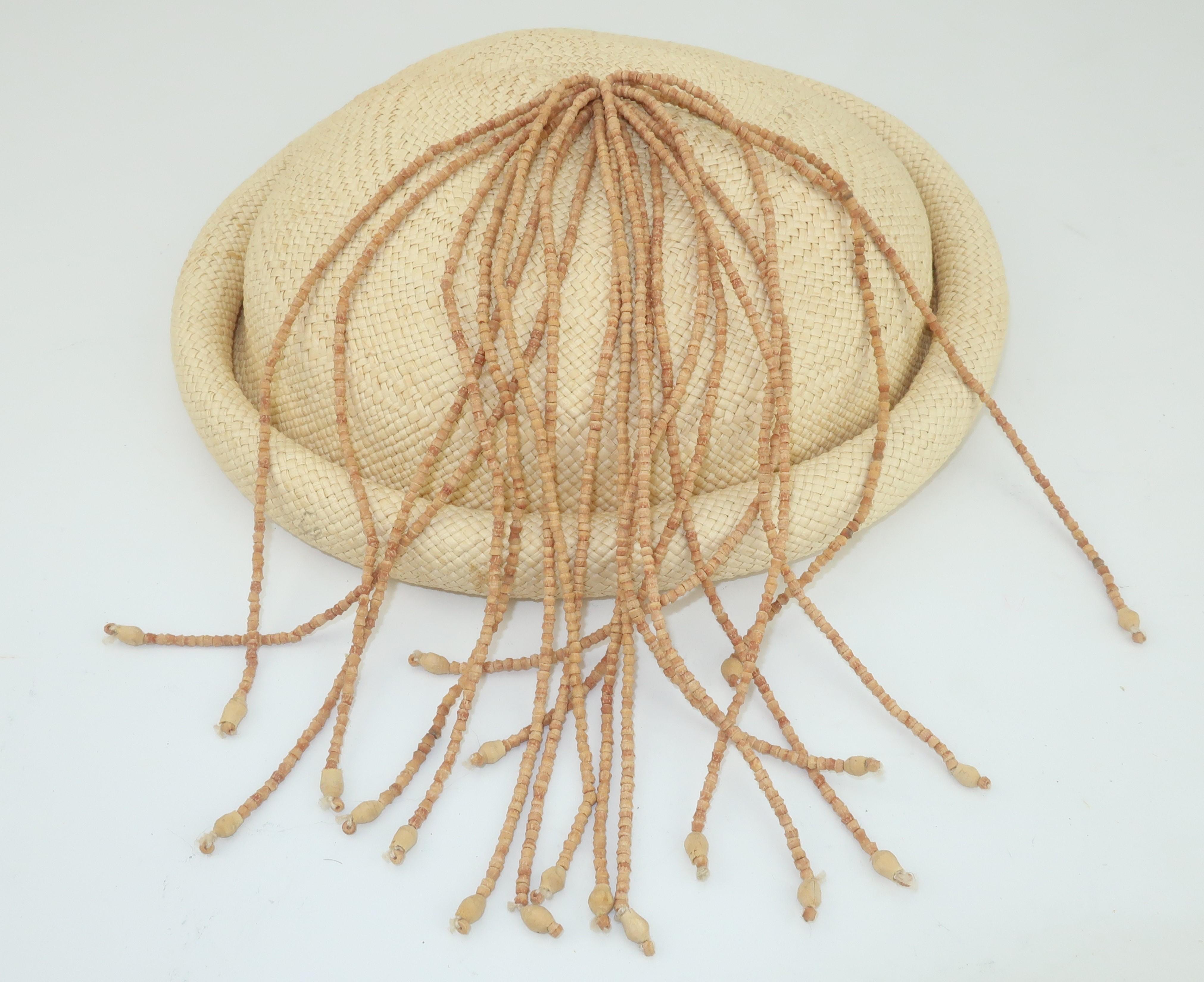 Straw Fascinator Style Hat With Beaded Tassel, C.1980 3