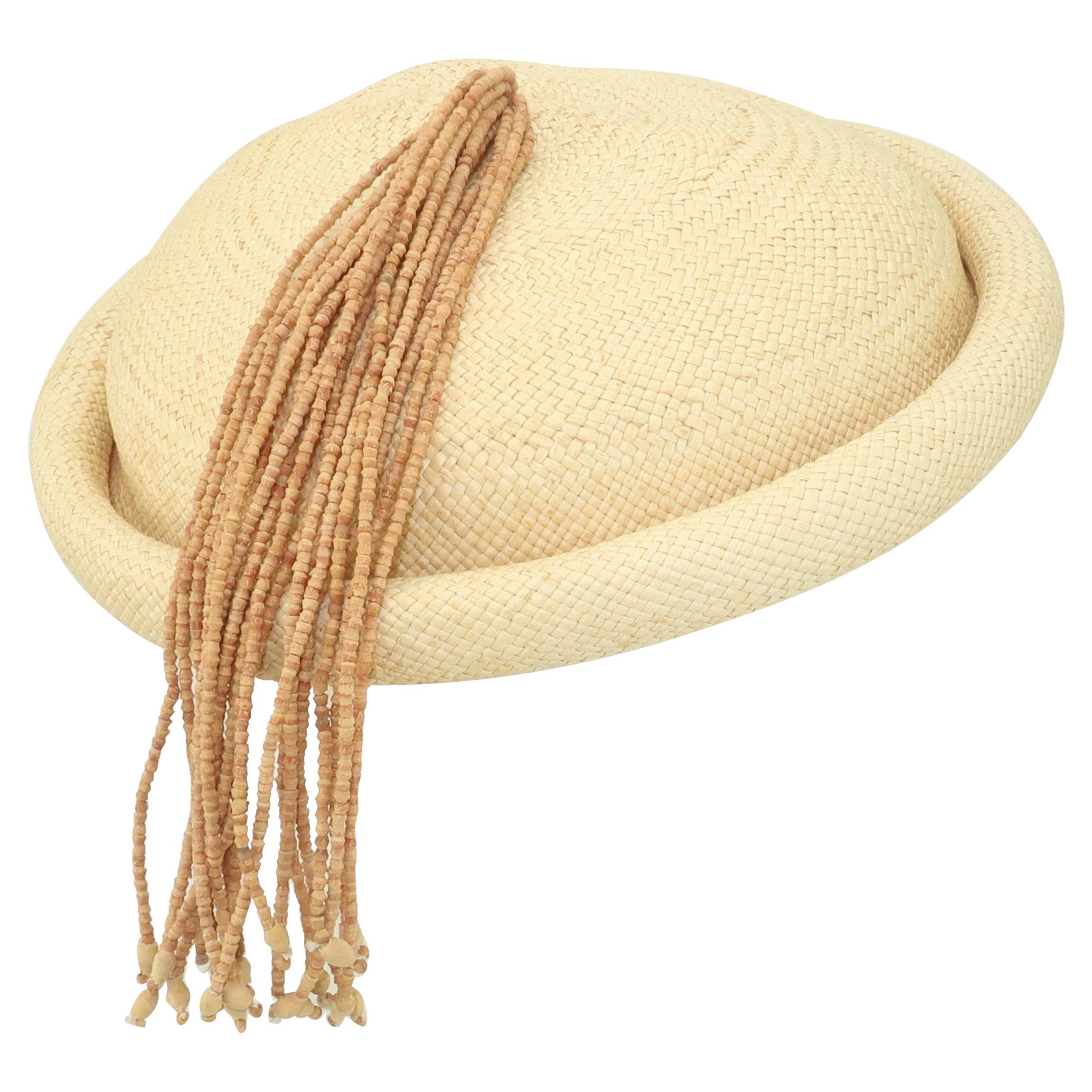 Beige Straw Fascinator Style Hat With Beaded Tassel, C.1980