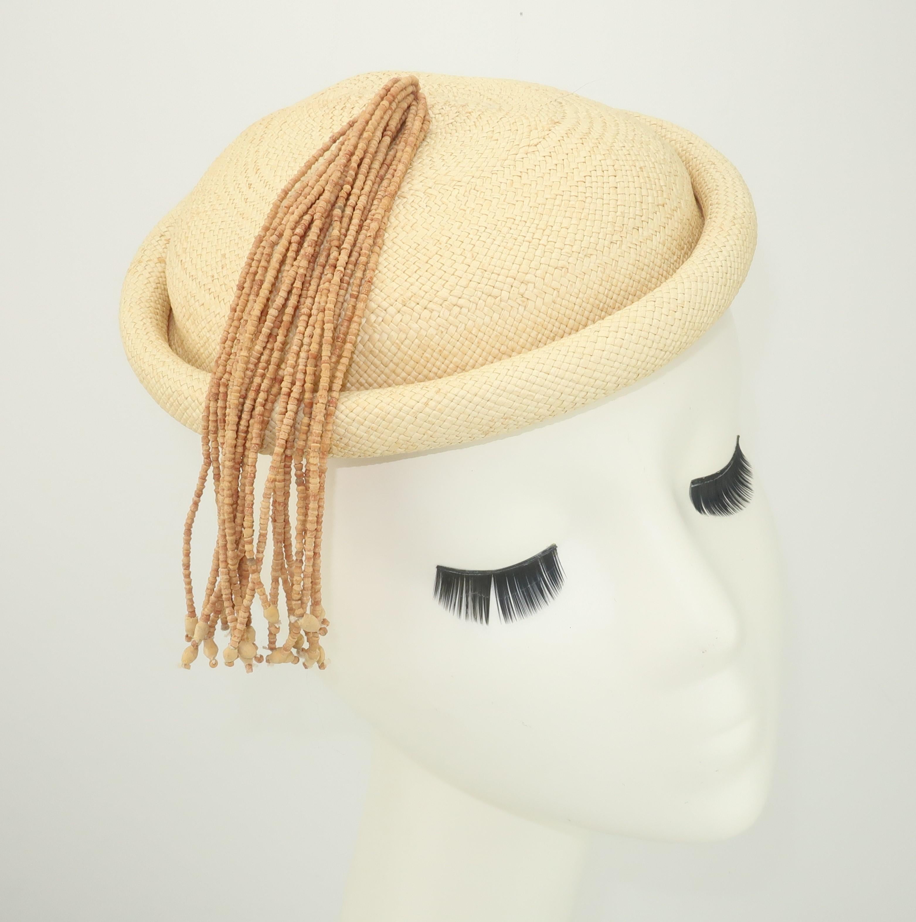 Straw Fascinator Style Hat With Beaded Tassel, C.1980
