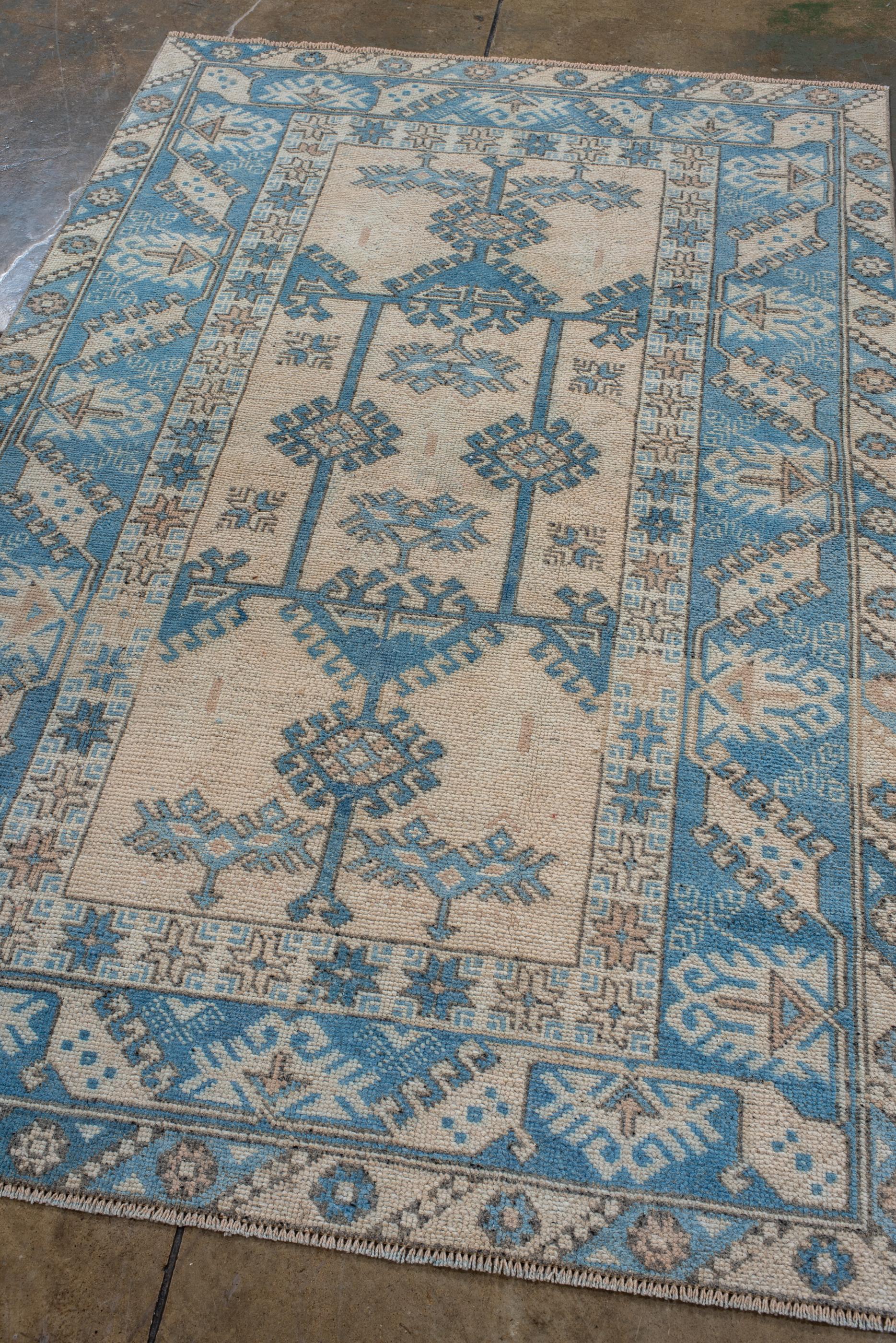 Hand-Knotted Straw Field and Blue Designed Vintage Turkish Oushak For Sale