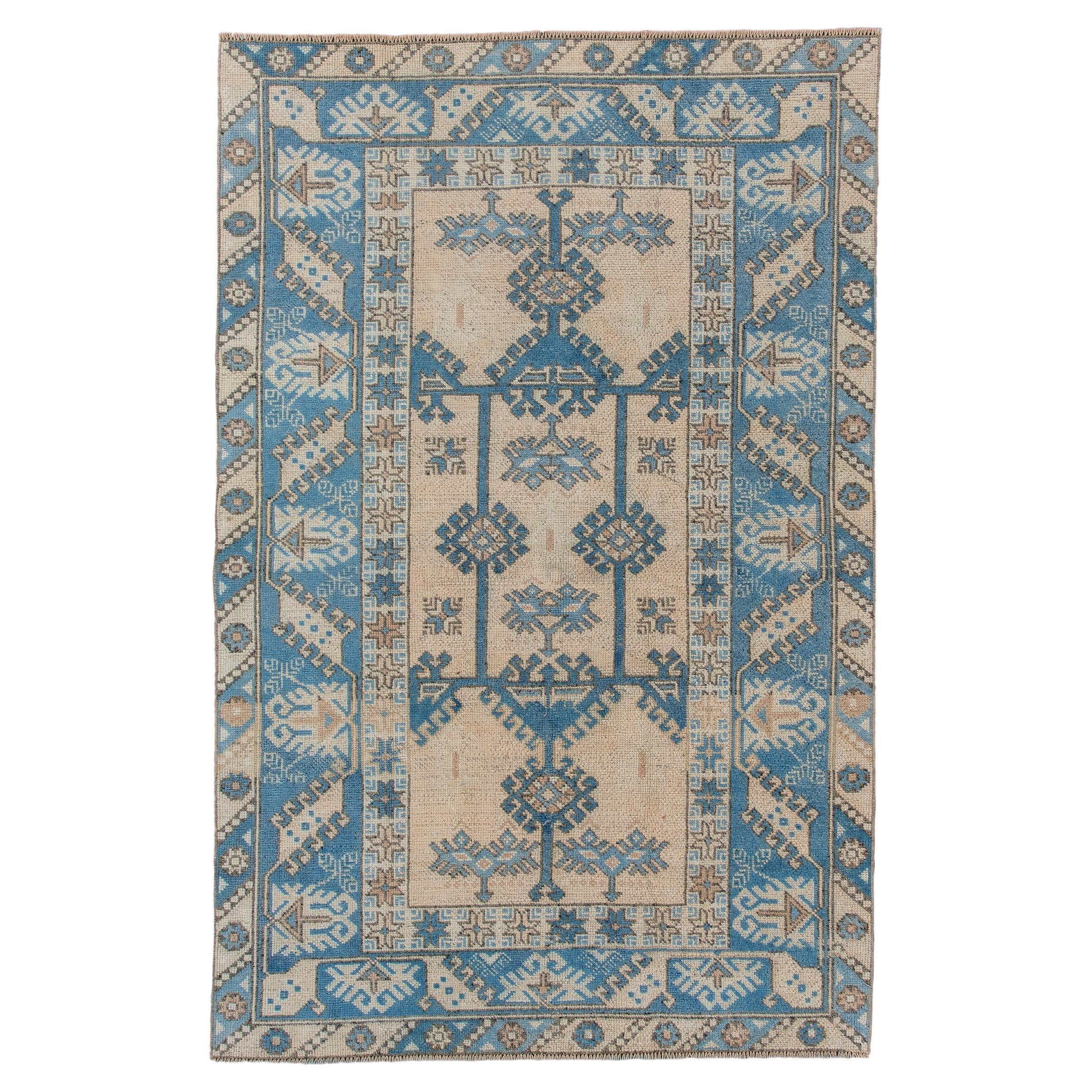 Straw Field and Blue Designed Vintage Turkish Oushak