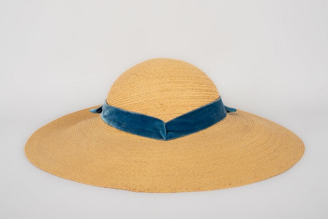 Orange Straw Hat with Blue Ribbons, 1940s-1950s