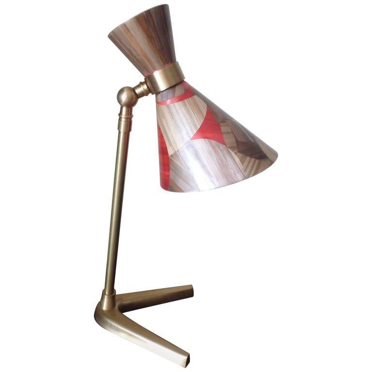 Contemporary Straw Marquetry and Brass French Table Lamp For Sale