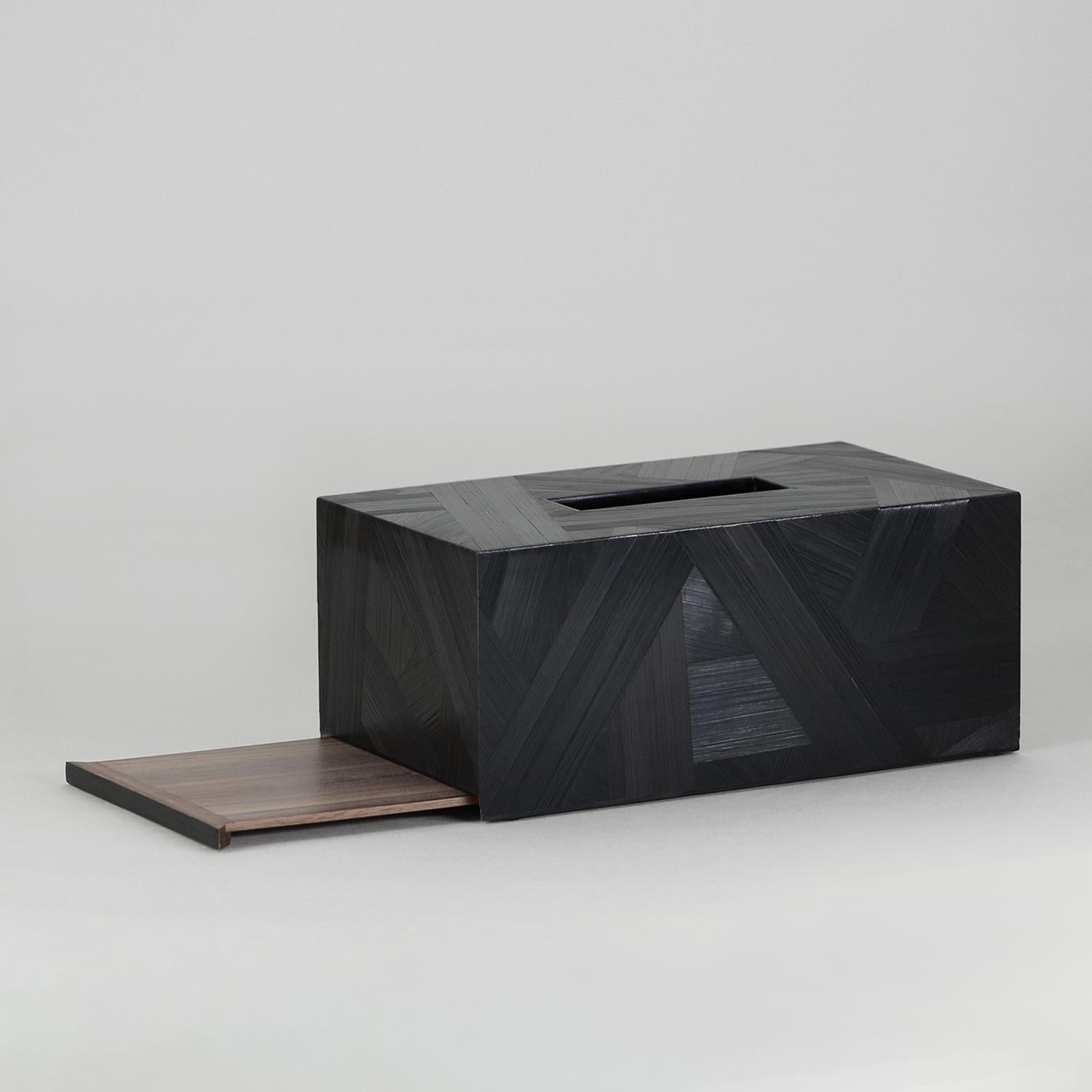 Art Deco Straw Marquetry Forest Tissue Box Long in Ebony Colour by Alexander Lamont For Sale