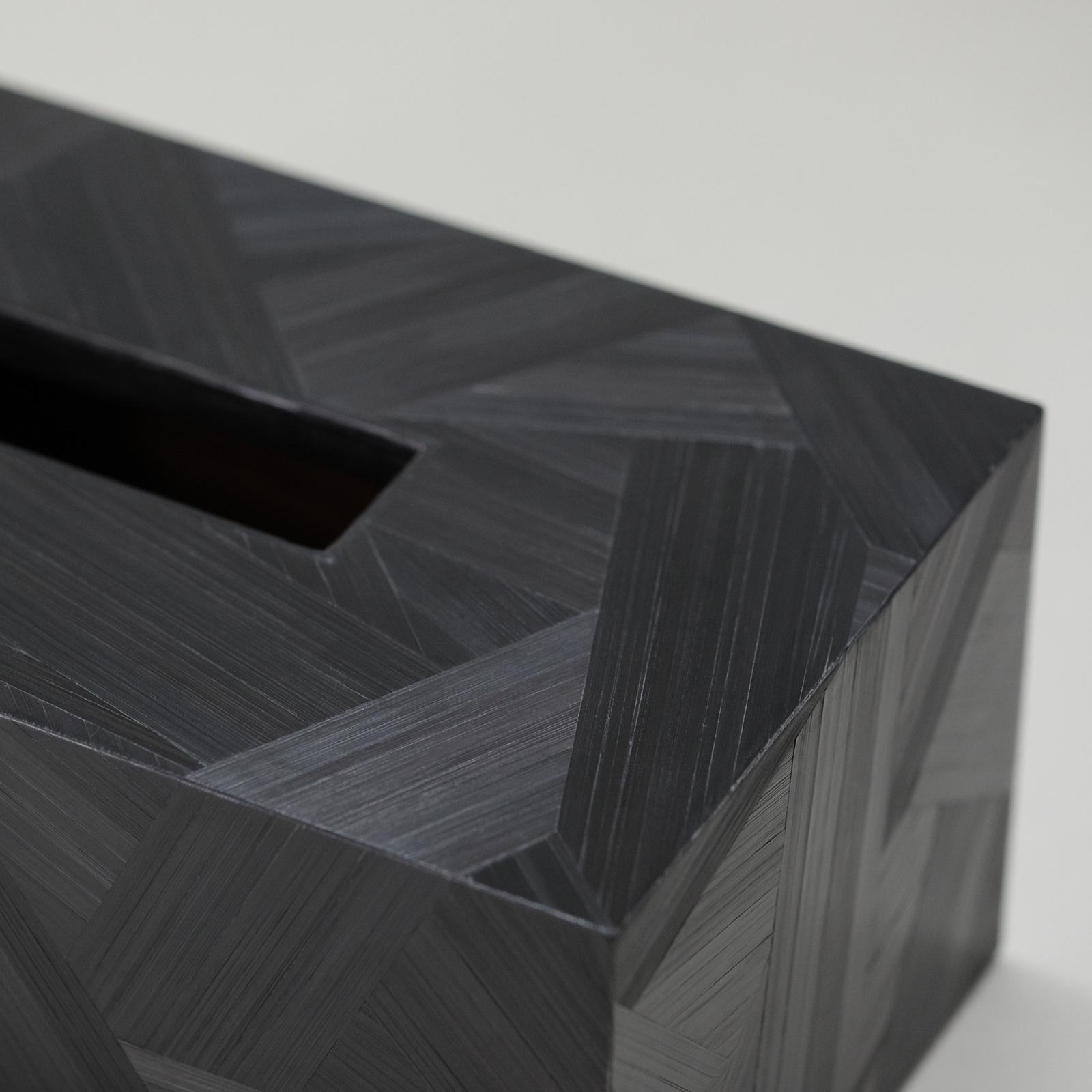 Woodwork Straw Marquetry Forest Tissue Box Long in Ebony Colour by Alexander Lamont For Sale