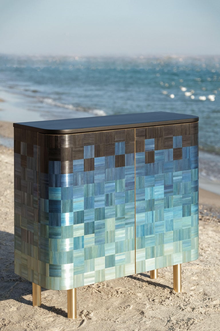 Straw Marquetry Inlay Intarsia Collectible Blue Wood Credenza Cabinet Ruda 3