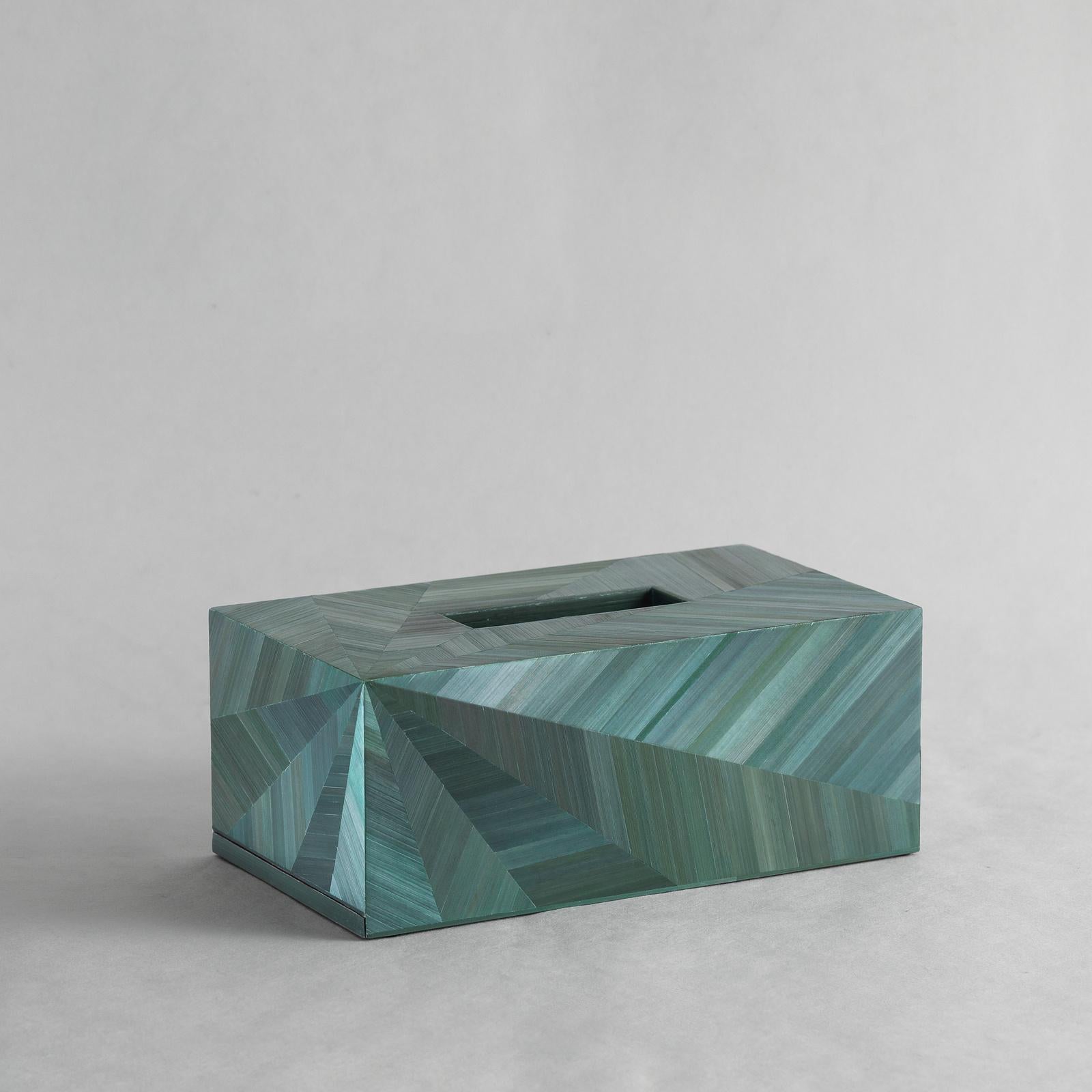 Thai Straw Marquetry Mirror Tissue Box Long in Malachite Colour by Alexander Lamont For Sale