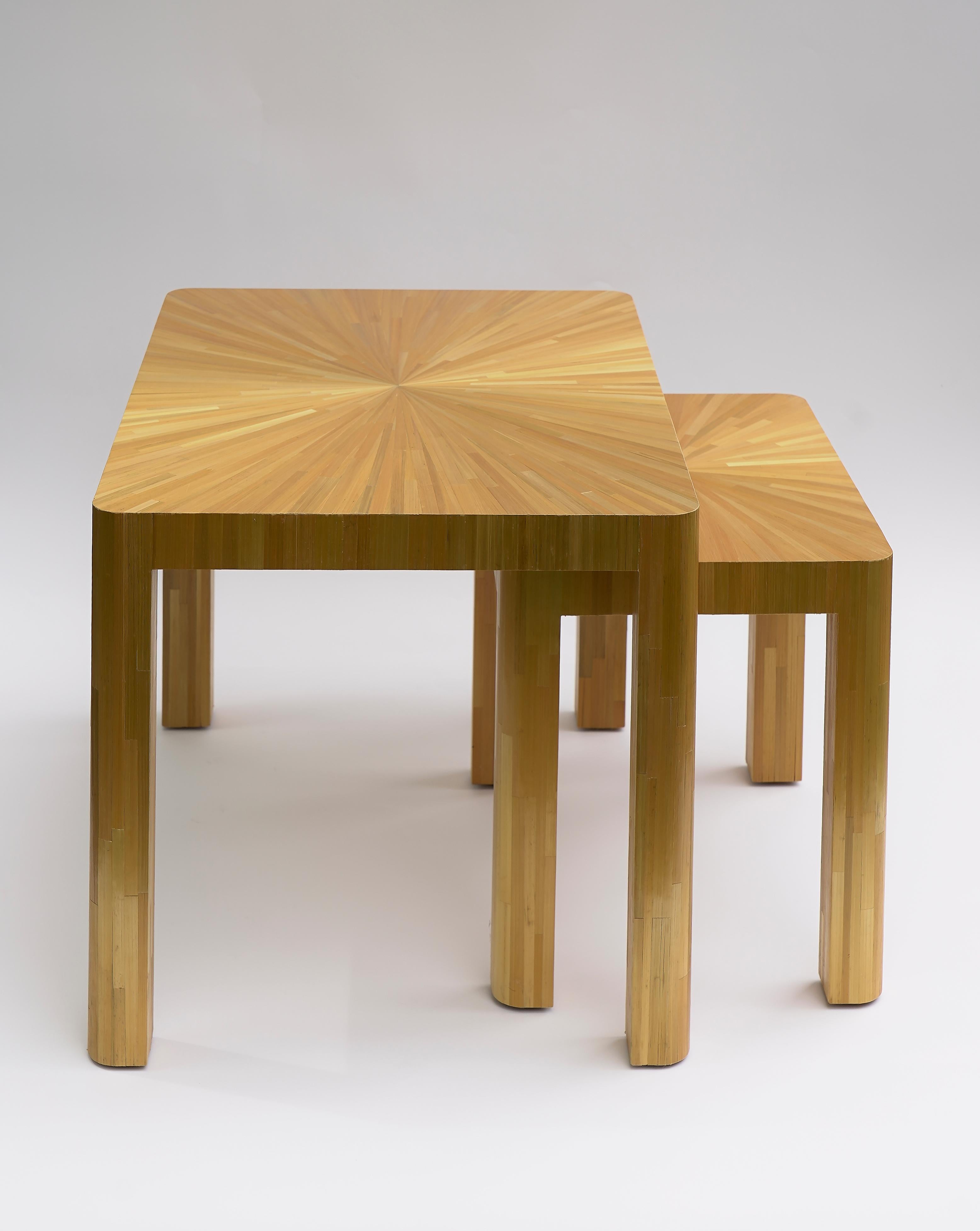 Nesting Tables finely crafted by Val Khvan are a tribute to Jean Michel Frank. Straw marquetry technique ( Marqueterie
de Paille ) by Tamara Kan.
