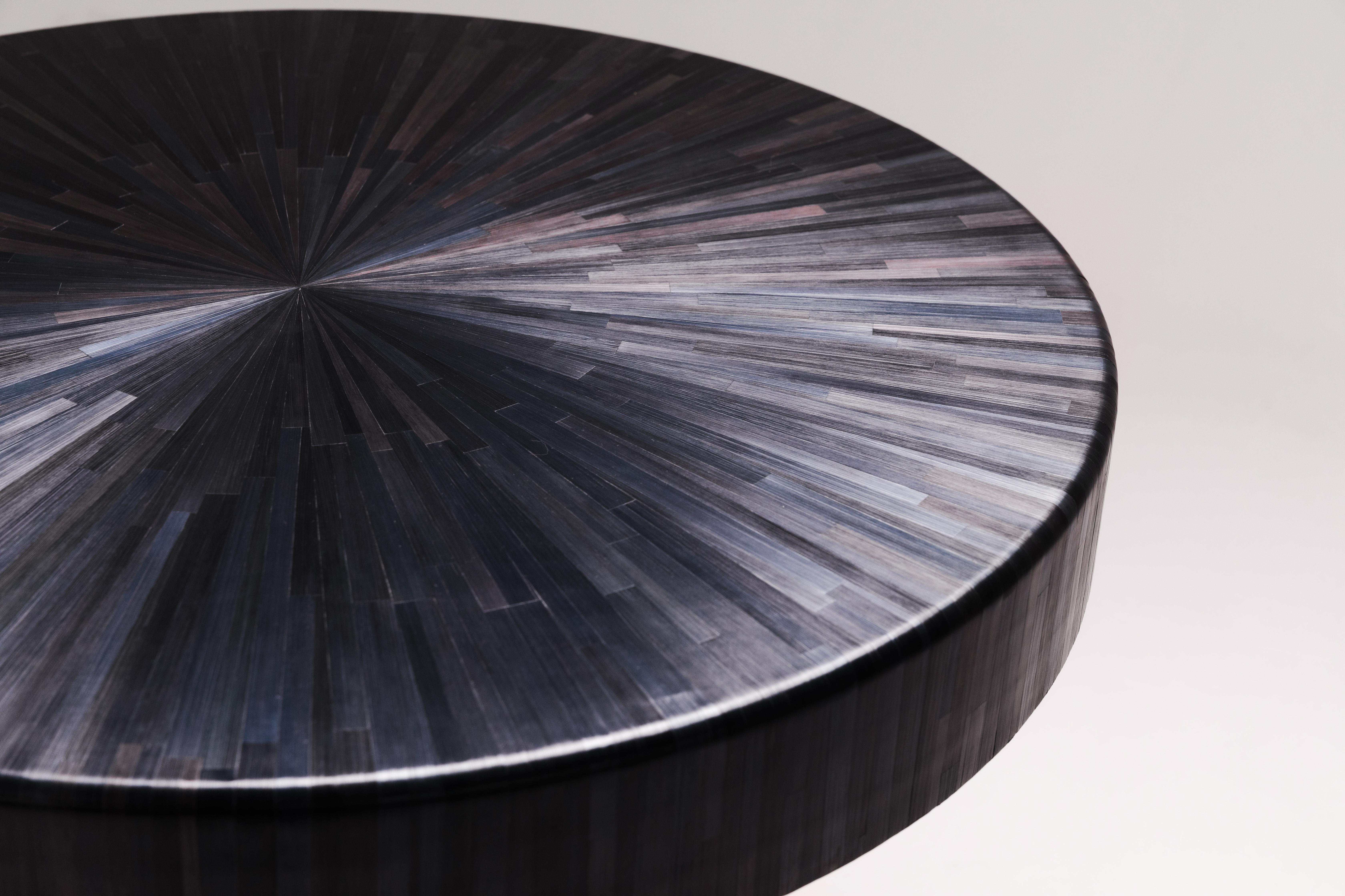 Contemporary Straw Marquetry Center Table Squid Ink Black 80 cm Hight Hand-Crafted, in stock For Sale