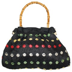 Straw Retro Bamboo Top Handle Bag with colorful Dots 1950s Italy