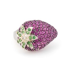 Bague cocktail fraise Estate Ruby Tsavorite Garnet Diamant Bijoux de fruits