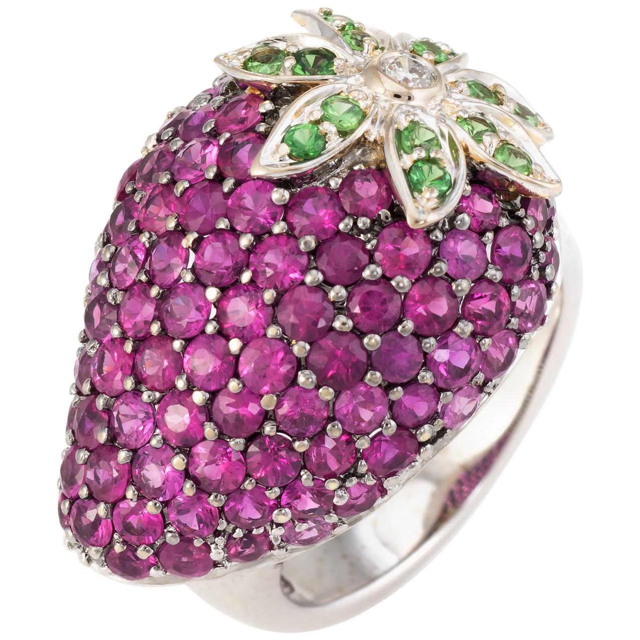 Strawberry Cocktail Ring Estate Ruby Tsavorite Garnet Diamond Fruit Jewelry