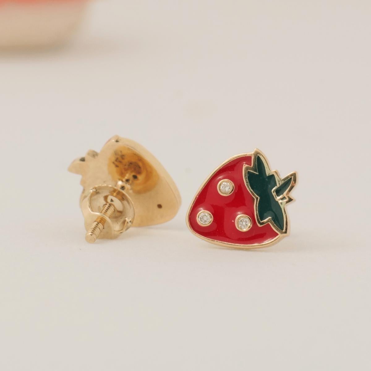 Round Cut Strawberry Diamond Kids Studs in 14k Solid Gold (Certified) For Sale