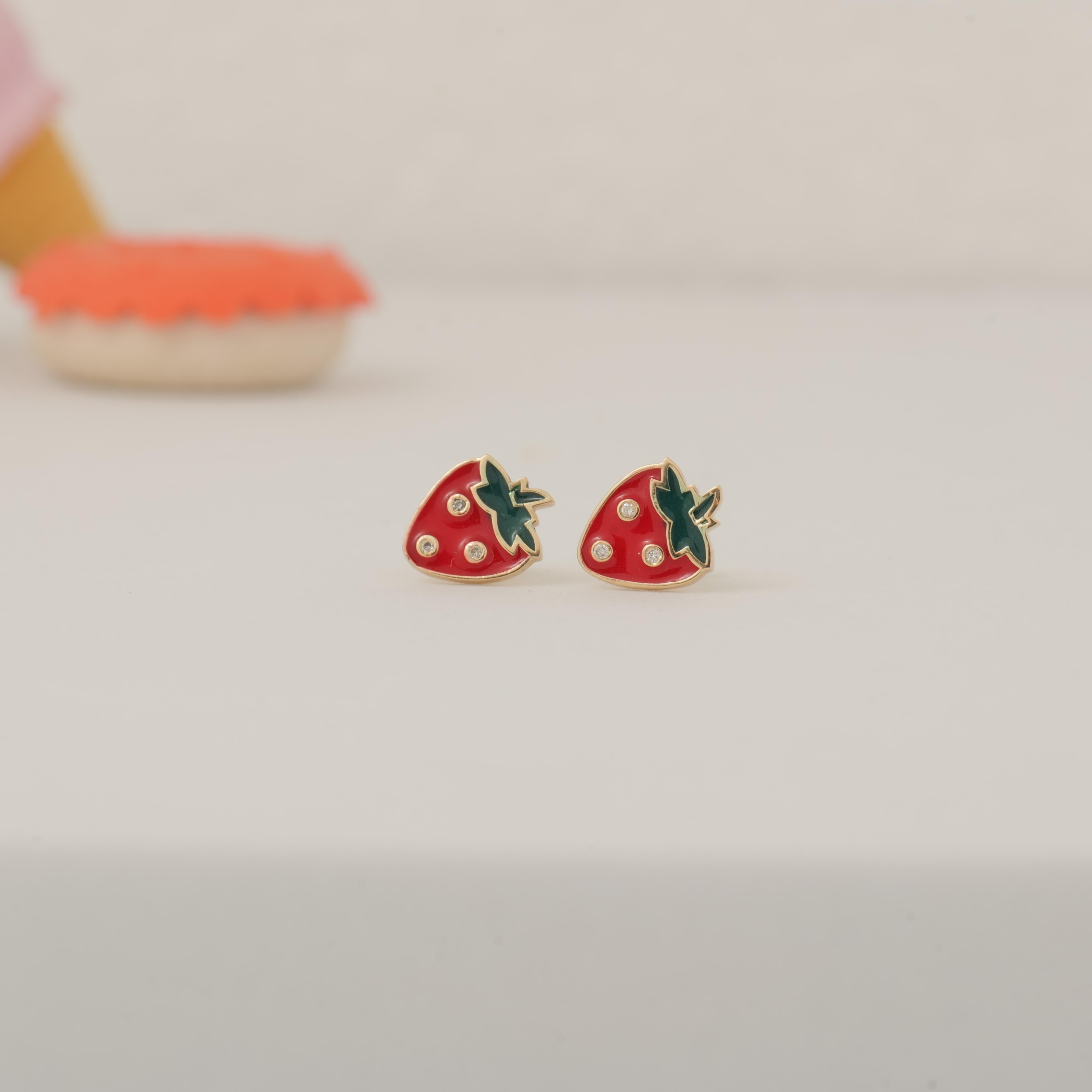 Erdbeere Diamant Kinder Ohrstecker in 14k massivem Gold (zertifiziert) im Angebot 2
