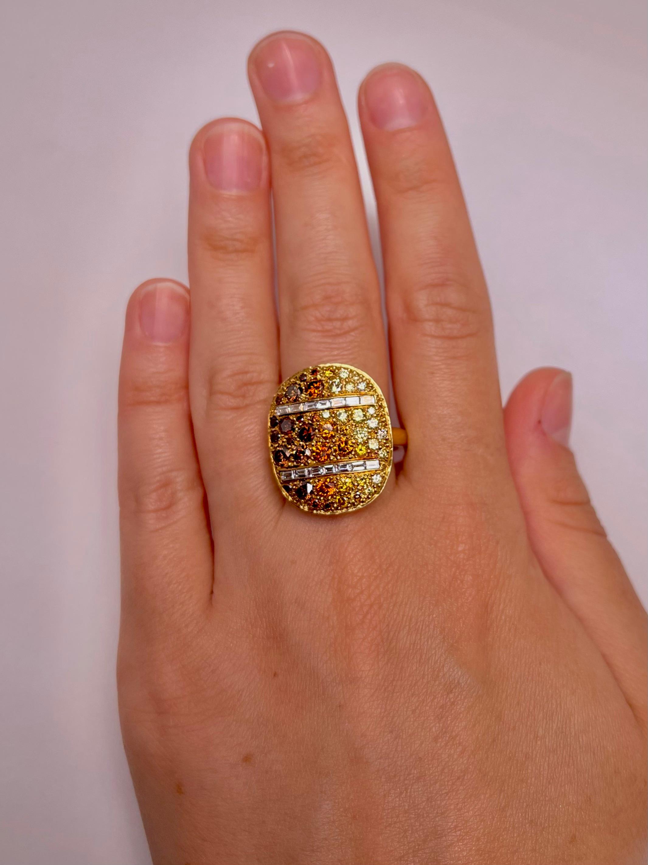 Oval design natural fancy earth tone diamond pave and two bands of channel set baguettes. Yellow, Brown, Orange and White Fancy colored VVS-SI1 diamonds. Set in 18K Yellow gold. Finger size: 6. 

Proudly crafted by SIMON ARDEM artisans in New York