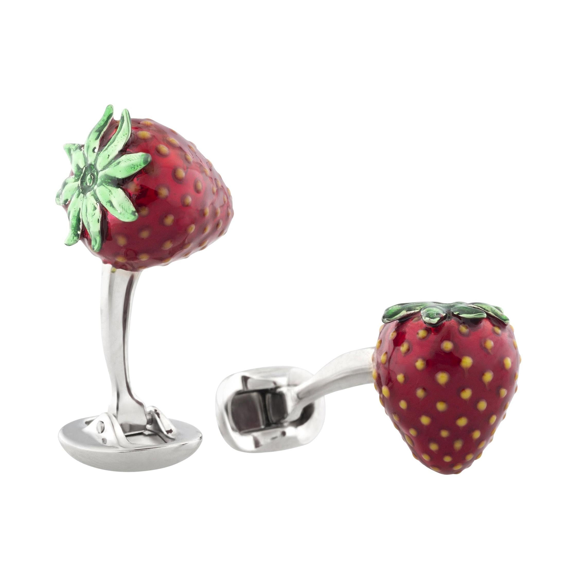 Strawberry Fruit Cufflinks in Hand-Enameled Sterling Silver by Fils Unique For Sale