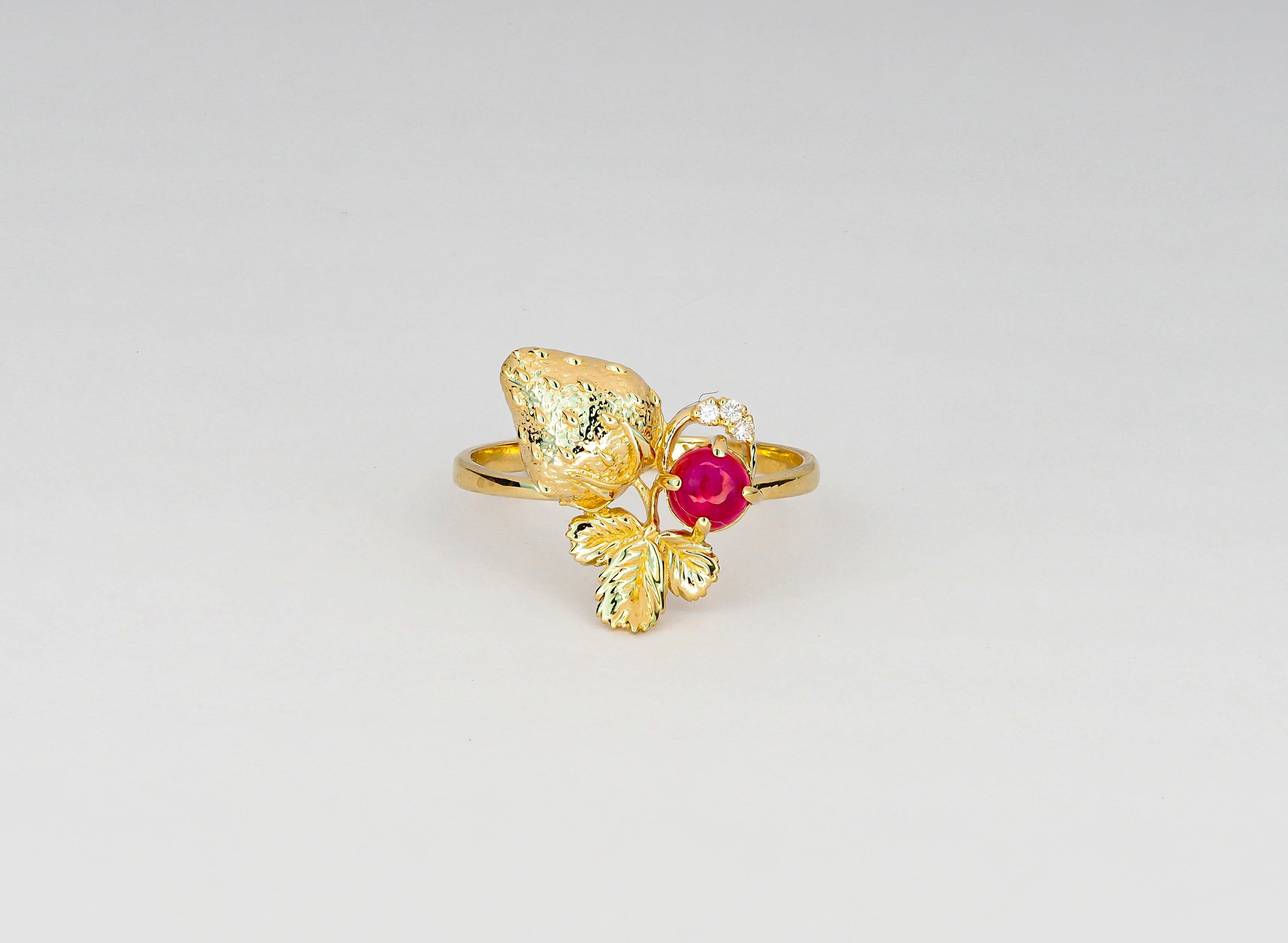 Modern Strawberry gold ring with ruby.  For Sale