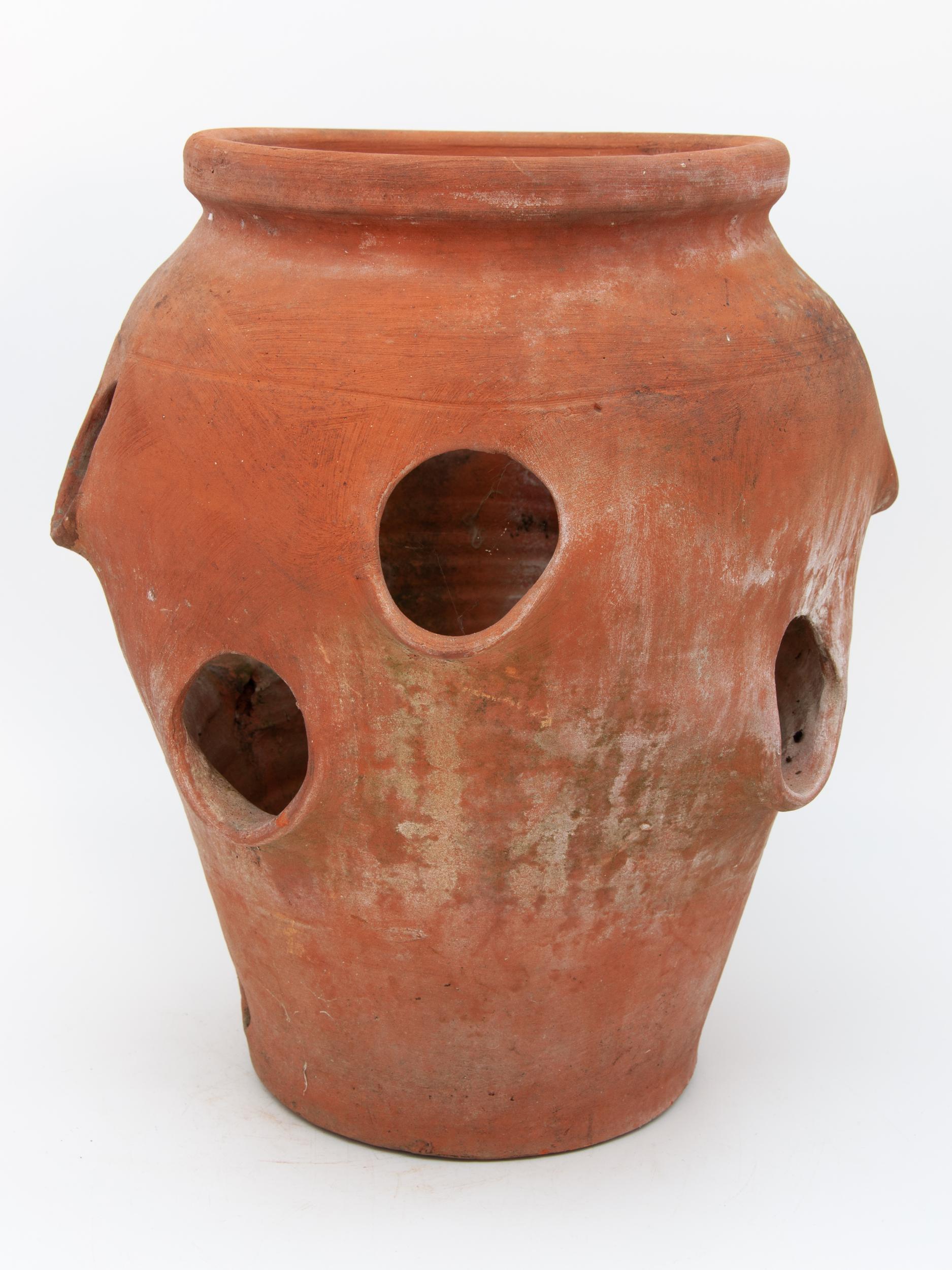 The shape and style of these pots have been perfected to grow Strawberries in. This Strawberry pot made from terracotta features side planting holes at two heights and has the classic urn shape with a generous opening at the top. Early 20th century.
