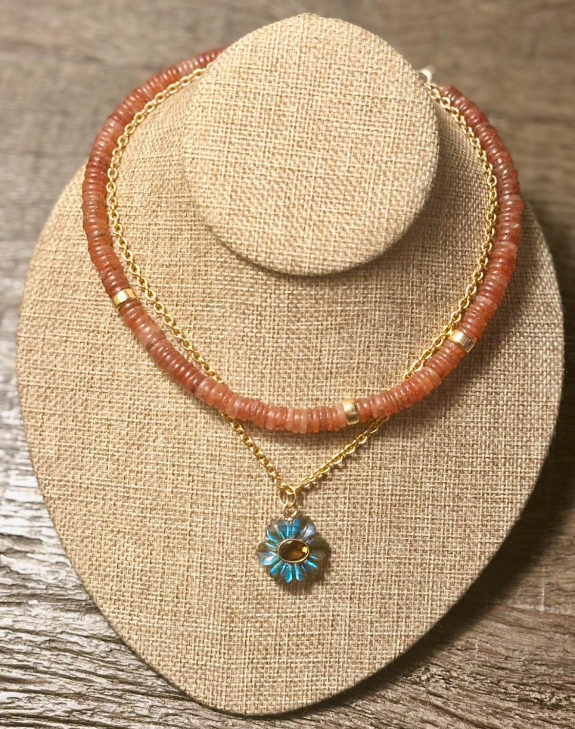 da uomo o donna COLLANA CON QUARZO DI FRAGOLA E ORO 14k in vendita